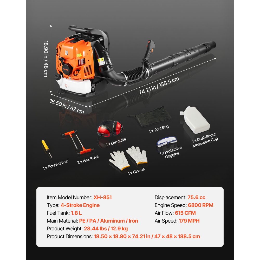 VEVOR Backpack Leaf Blower, 75.6CC 4-Stroke Engine Gas Powered Leaf Blower with 1.8L Fuel Tank, 1045 m³/h Air Volume, 317 km/h Speed, Ideal for Lawn Care, Leaves Cleaning, Yard Debris & Snow Removal