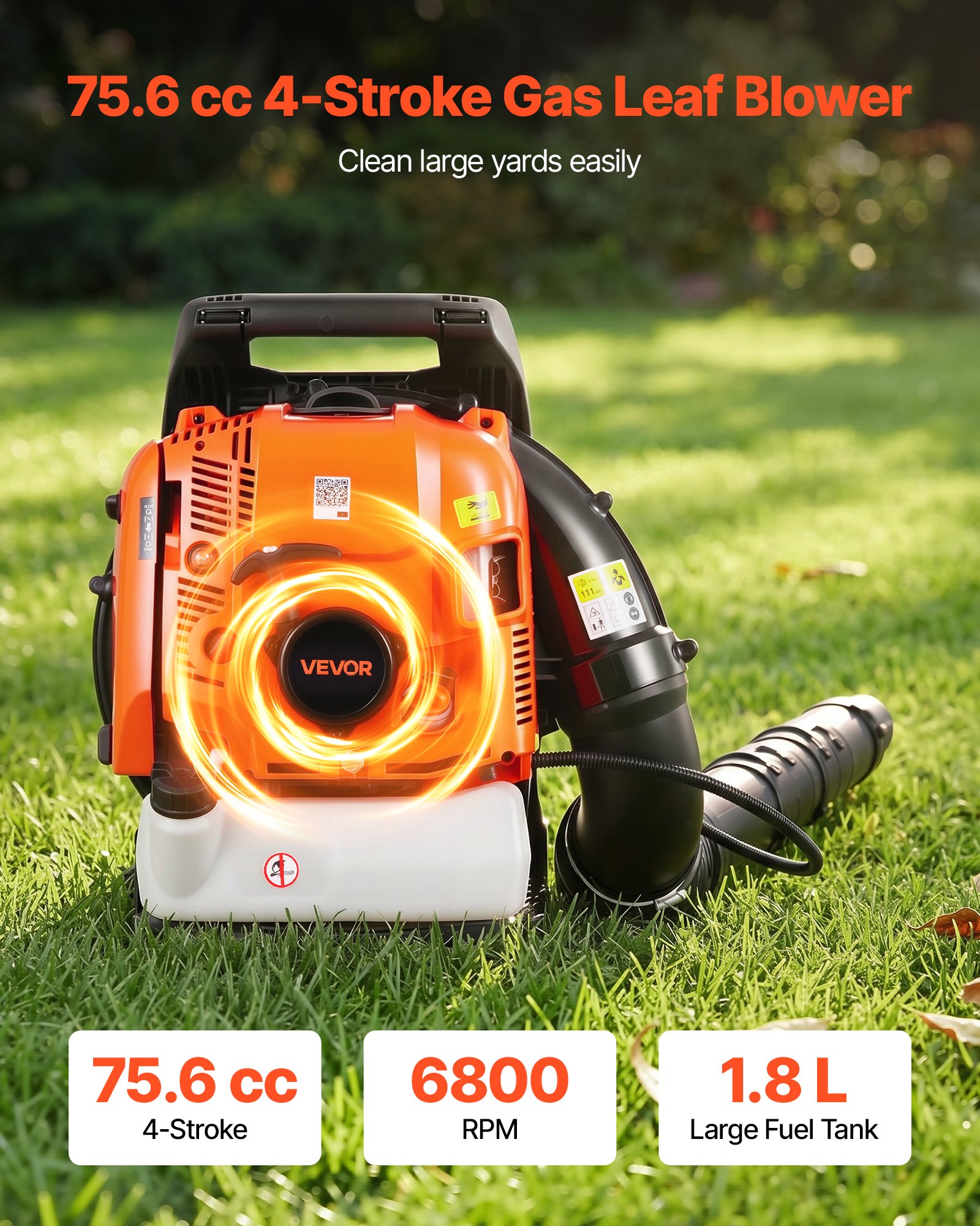 VEVOR Backpack Leaf Blower, 75.6CC 4-Stroke Engine Gas Powered Leaf Blower with 1.8L Fuel Tank, 1045 m³/h Air Volume, 317 km/h Speed, Ideal for Lawn Care, Leaves Cleaning, Yard Debris & Snow Removal