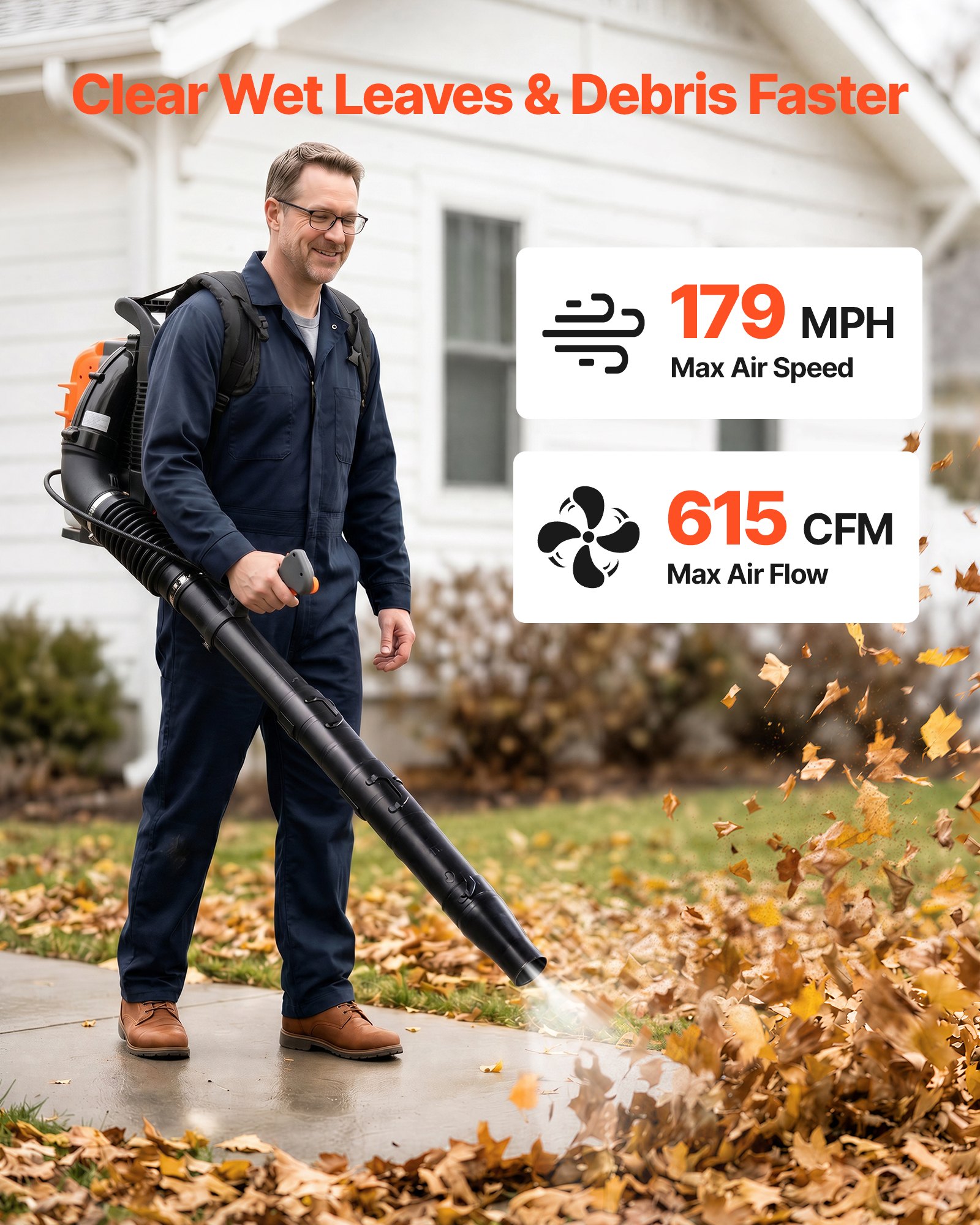 VEVOR Backpack Leaf Blower, 75.6CC 4-Stroke Engine Gas Powered Leaf Blower with 1.8L Fuel Tank, 1045 m³/h Air Volume, 317 km/h Speed, Ideal for Lawn Care, Leaves Cleaning, Yard Debris & Snow Removal