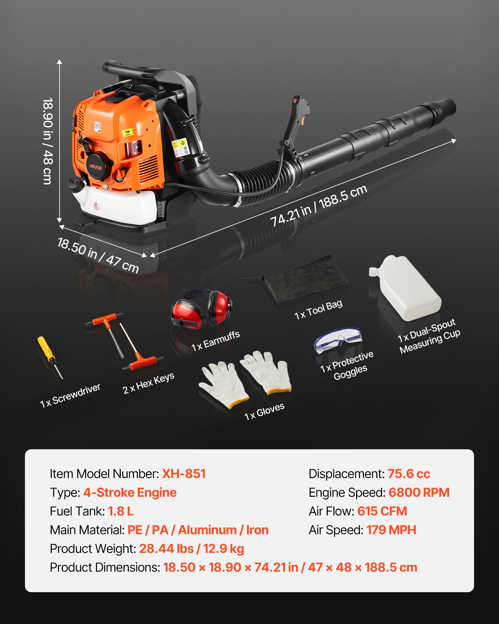 VEVOR Backpack Leaf Blower, 75.6CC 4-Stroke Engine Gas Powered Leaf Blower with 1.8L Fuel Tank, 1045 m³/h Air Volume, 317 km/h Speed, Ideal for Lawn Care, Leaves Cleaning, Yard Debris & Snow Removal