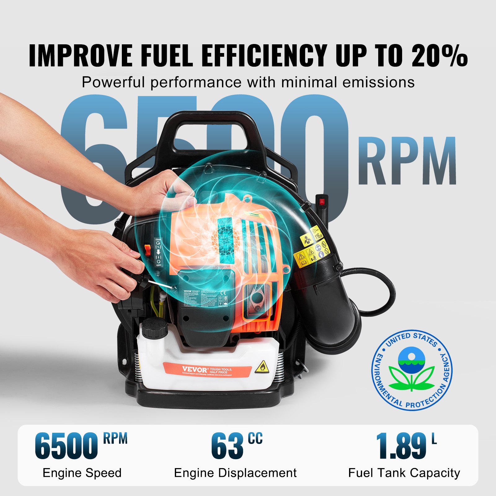 VEVOR Backpack Leaf Blower, 63CC 2-Cycle Gas Leaf Blower with 1.89L Fuel Tank, 1110CFM Air Volume 220MPH Speed, Ideal for Lawn Care, Leaf Cleaning, and Snow Removal