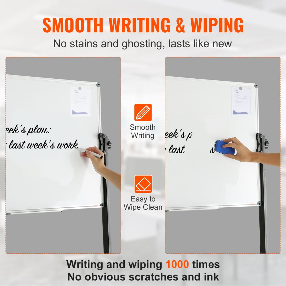 VEVOR Rolling Magnetic Whiteboard, Double-sided Mobile Whiteboard 36x24 Inches, Adjustable Height Dry Erase Board with Wheels, 1 Magnetic Erase & 3 Dry Erase Markers & Movable Tray Office, School