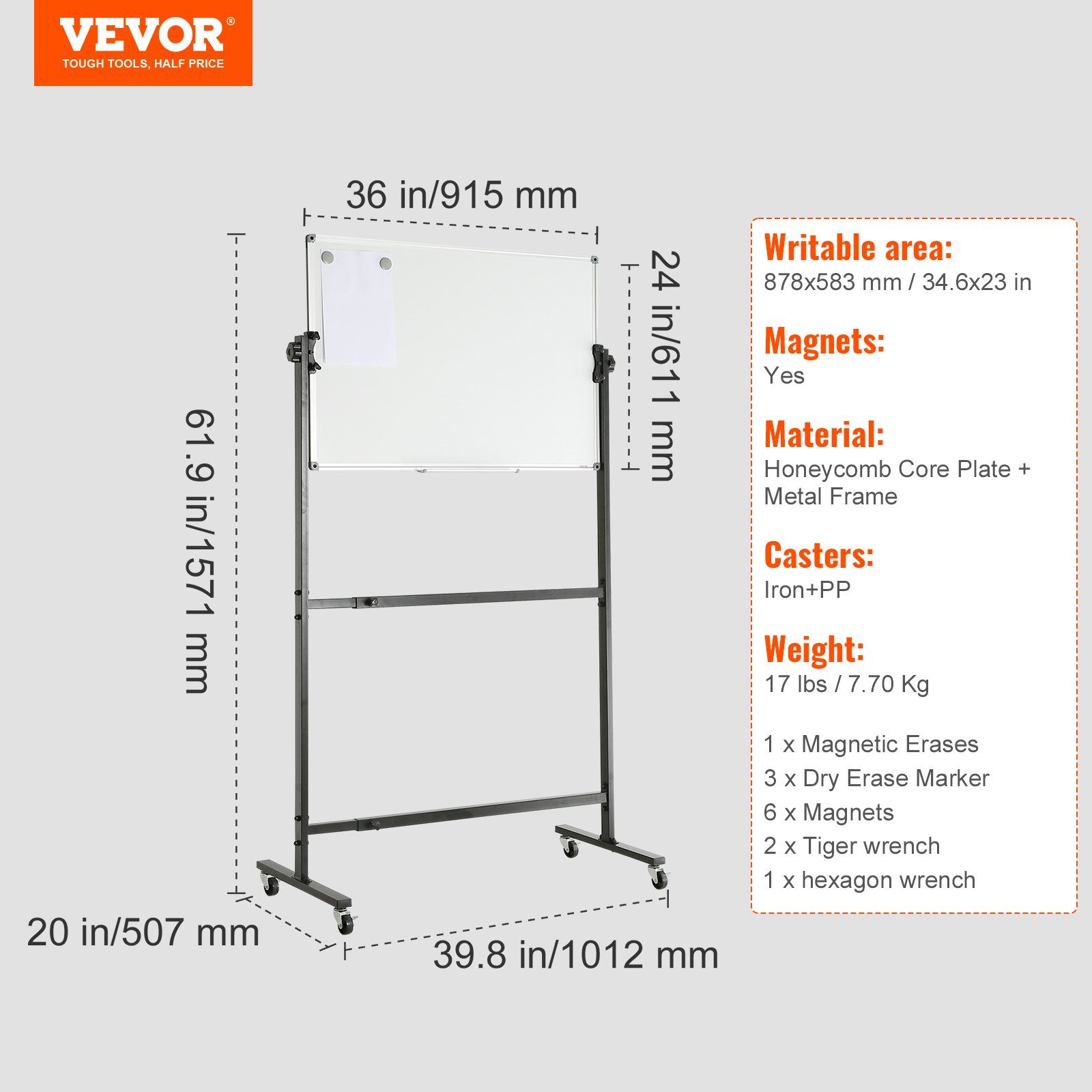 VEVOR Rolling Magnetic Whiteboard, Double-sided Mobile Whiteboard 36x24 Inches, Adjustable Height Dry Erase Board with Wheels, 1 Magnetic Erase & 3 Dry Erase Markers & Movable Tray Office, School