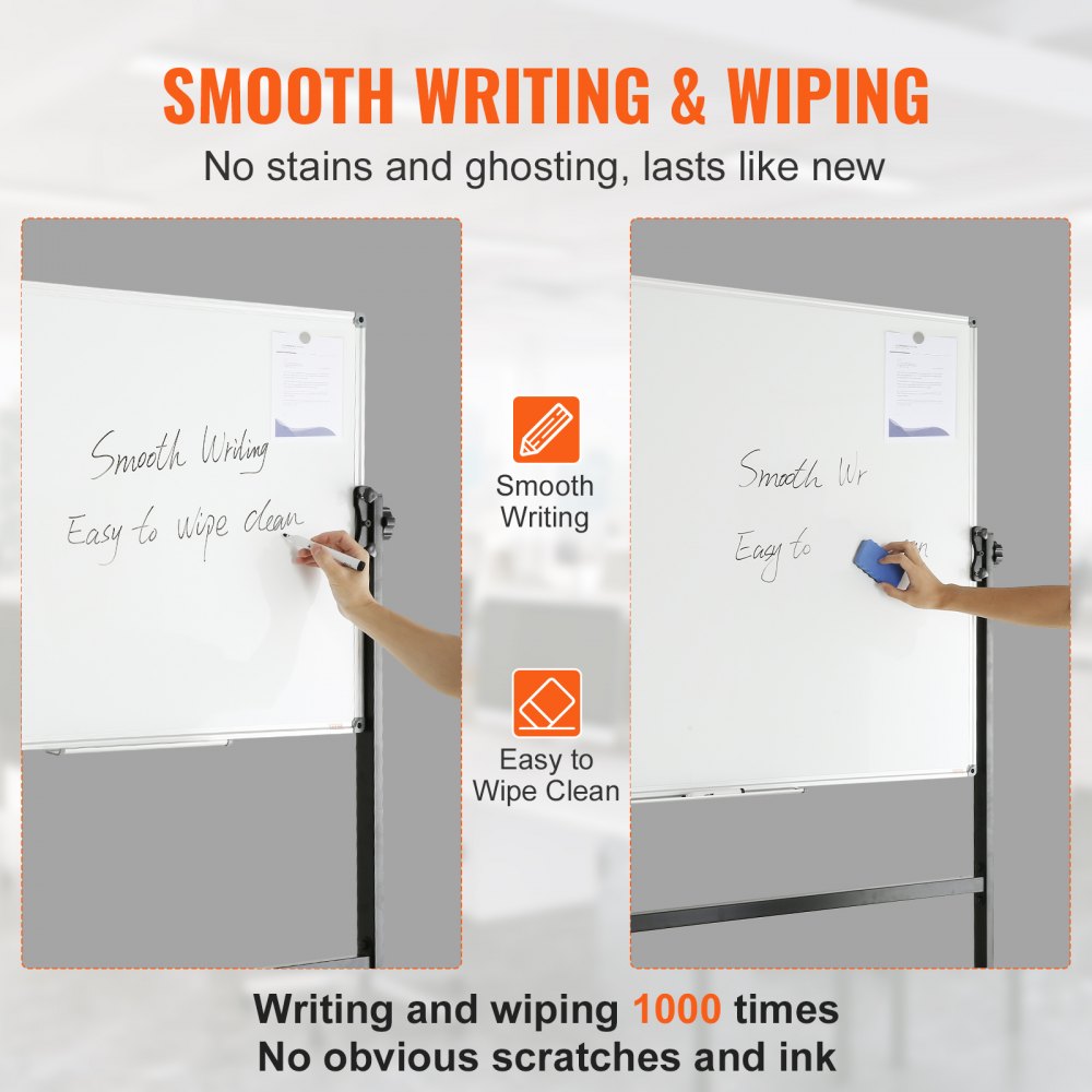 VEVOR rolling magnetic whiteboard demonstrating smooth writing and easy wiping with no stains.