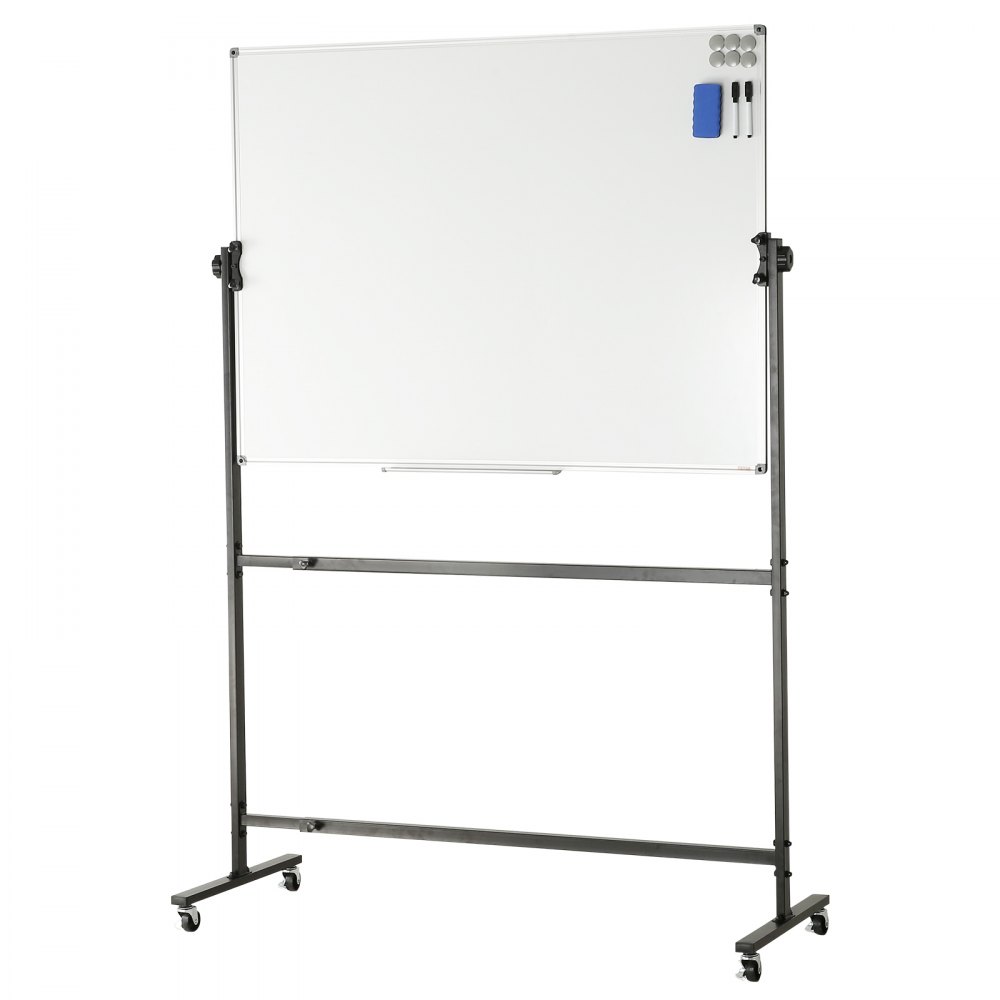 VEVOR rolling magnetic whiteboard on stand with markers, eraser, and magnets on upper right corner.