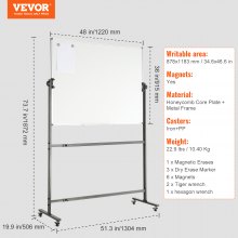 VEVOR Rolling Magnetic Whiteboard, Double-sided Mobile Whiteboard 48x36 Inches, Adjustable Height Dry Erase Board with Wheels, 1 Magnetic Erase & 3 Dry Erase Markers & Movable Tray for Office School