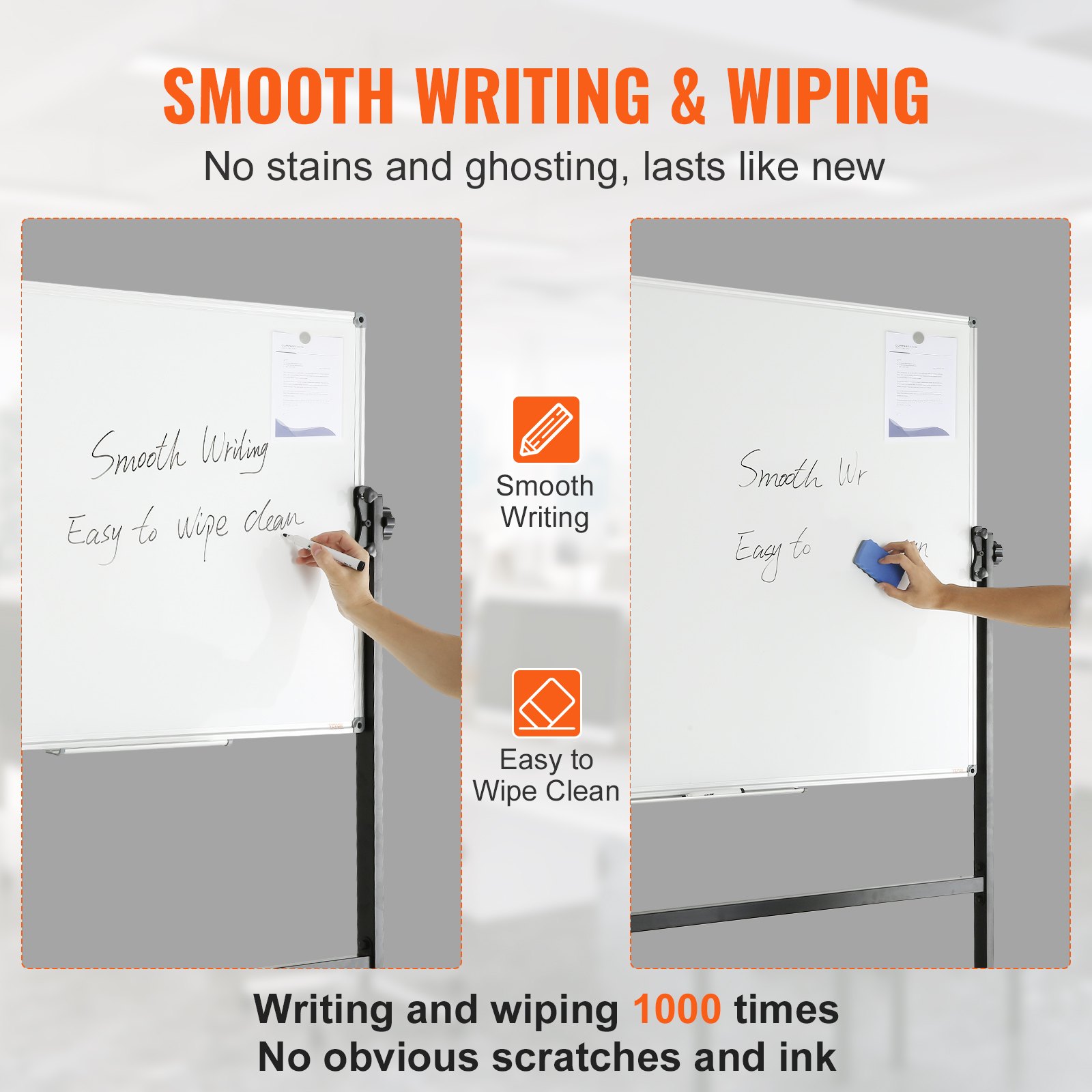 VEVOR rolling magnetic whiteboard demonstrating smooth writing and easy wiping with no stains.