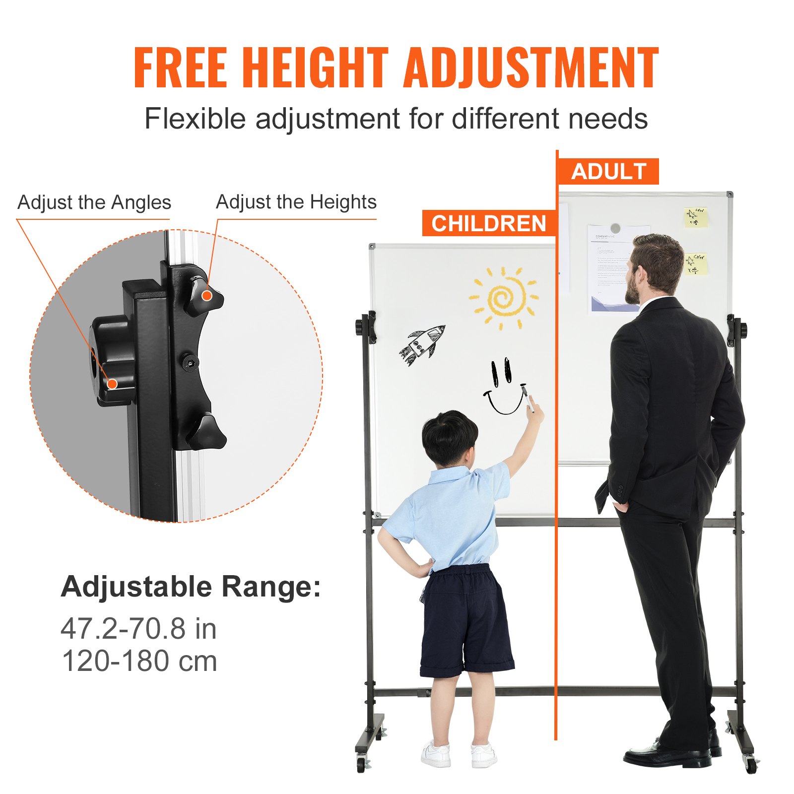 free height adjustment feature of VEVOR rolling magnetic whiteboard with child and adult demonstrating use.