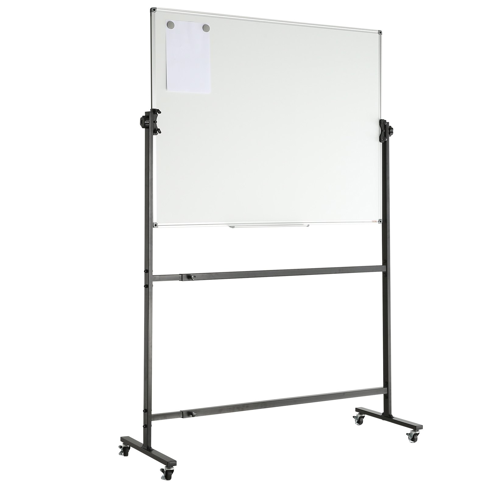 VEVOR rolling magnetic whiteboard with black frame and caster wheels, holding a memo with magnets.
