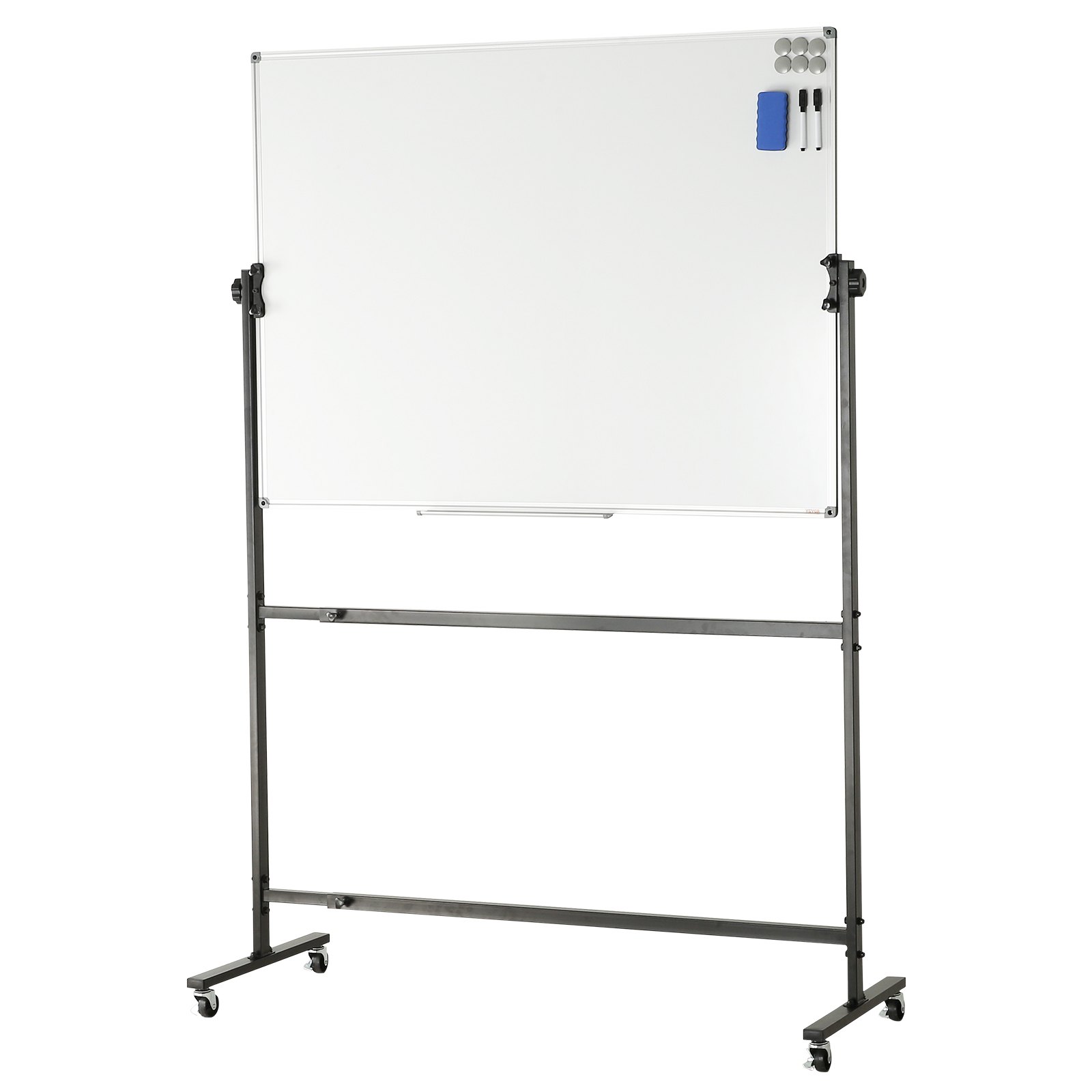VEVOR rolling magnetic whiteboard on stand with markers, eraser, and magnets on upper right corner.