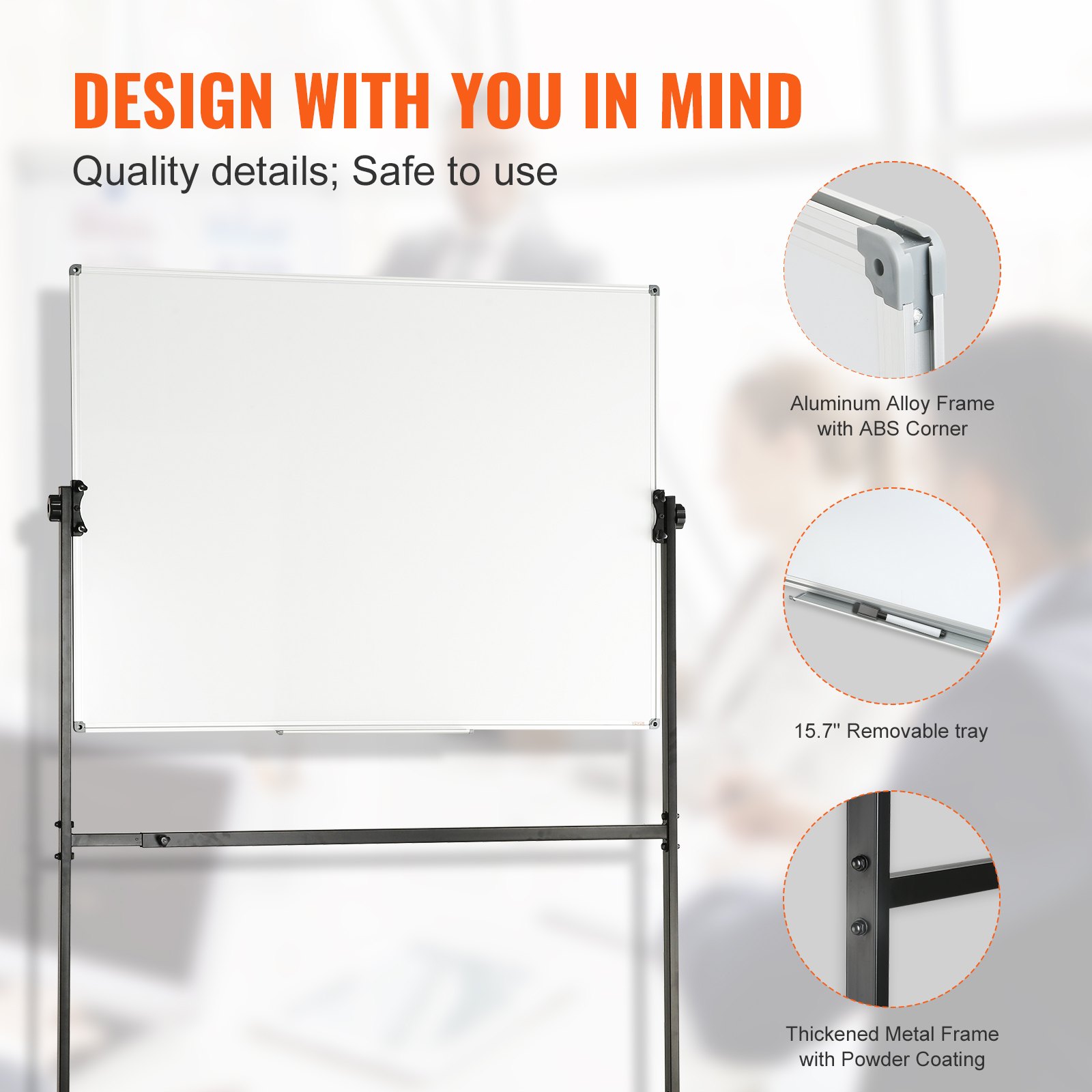 VEVOR Rolling Magnetic Whiteboard, Double-sided Mobile Whiteboard 48x36 Inches, Adjustable Height Dry Erase Board with Wheels, 1 Magnetic Erase & 3 Dry Erase Markers & Movable Tray for Office School