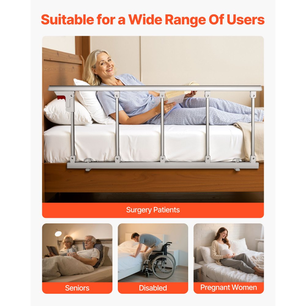 VEVOR Foldable Bed Rail for Elderly, 122 cm Bedside Assist Rail with Fixing Strap, Adjustable Height Pipe Bedside Cane, High-Strength Metal Senior Bed Bar, Hand Guard Grab Fits King, Queen, Full, Twin