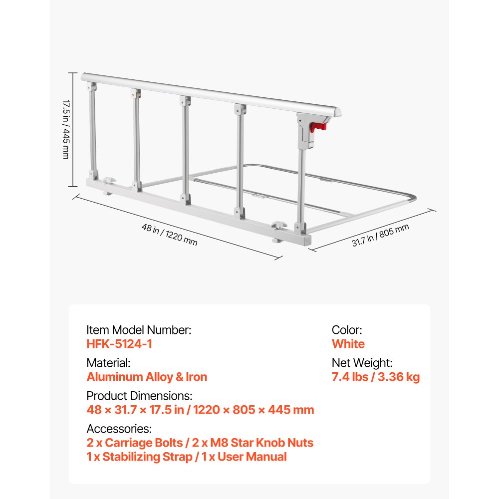 VEVOR Foldable Bed Rail for Elderly, 122 cm Bedside Assist Rail with Fixing Strap, Adjustable Height Pipe Bedside Cane, High-Strength Metal Senior Bed Bar, Hand Guard Grab Fits King, Queen, Full, Twin