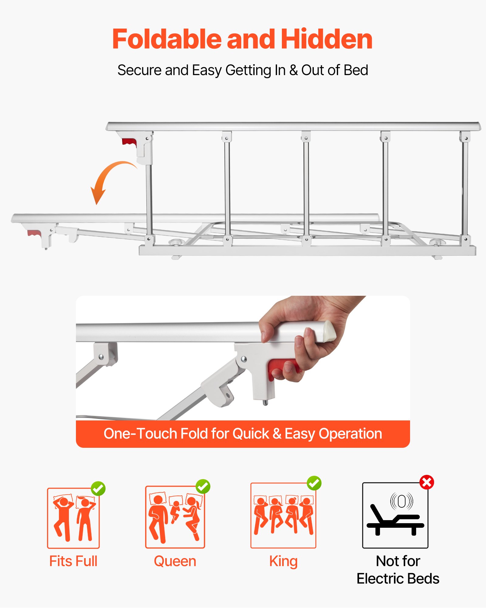 VEVOR Foldable Bed Rail for Elderly, 122 cm Bedside Assist Rail with Fixing Strap, Adjustable Height Pipe Bedside Cane, High-Strength Metal Senior Bed Bar, Hand Guard Grab Fits King, Queen, Full, Twin