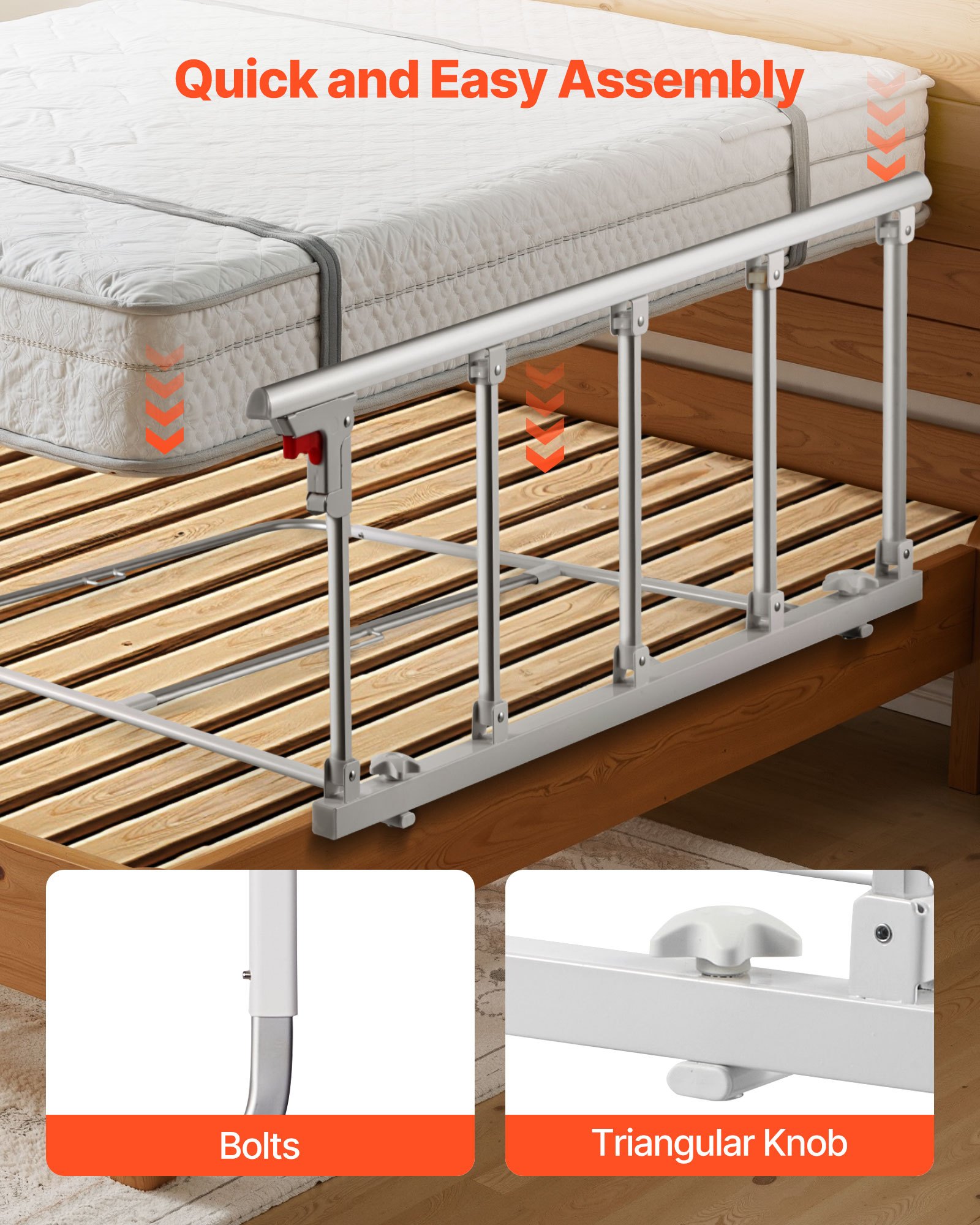 VEVOR Foldable Bed Rail for Elderly, 122 cm Bedside Assist Rail with Fixing Strap, Adjustable Height Pipe Bedside Cane, High-Strength Metal Senior Bed Bar, Hand Guard Grab Fits King, Queen, Full, Twin