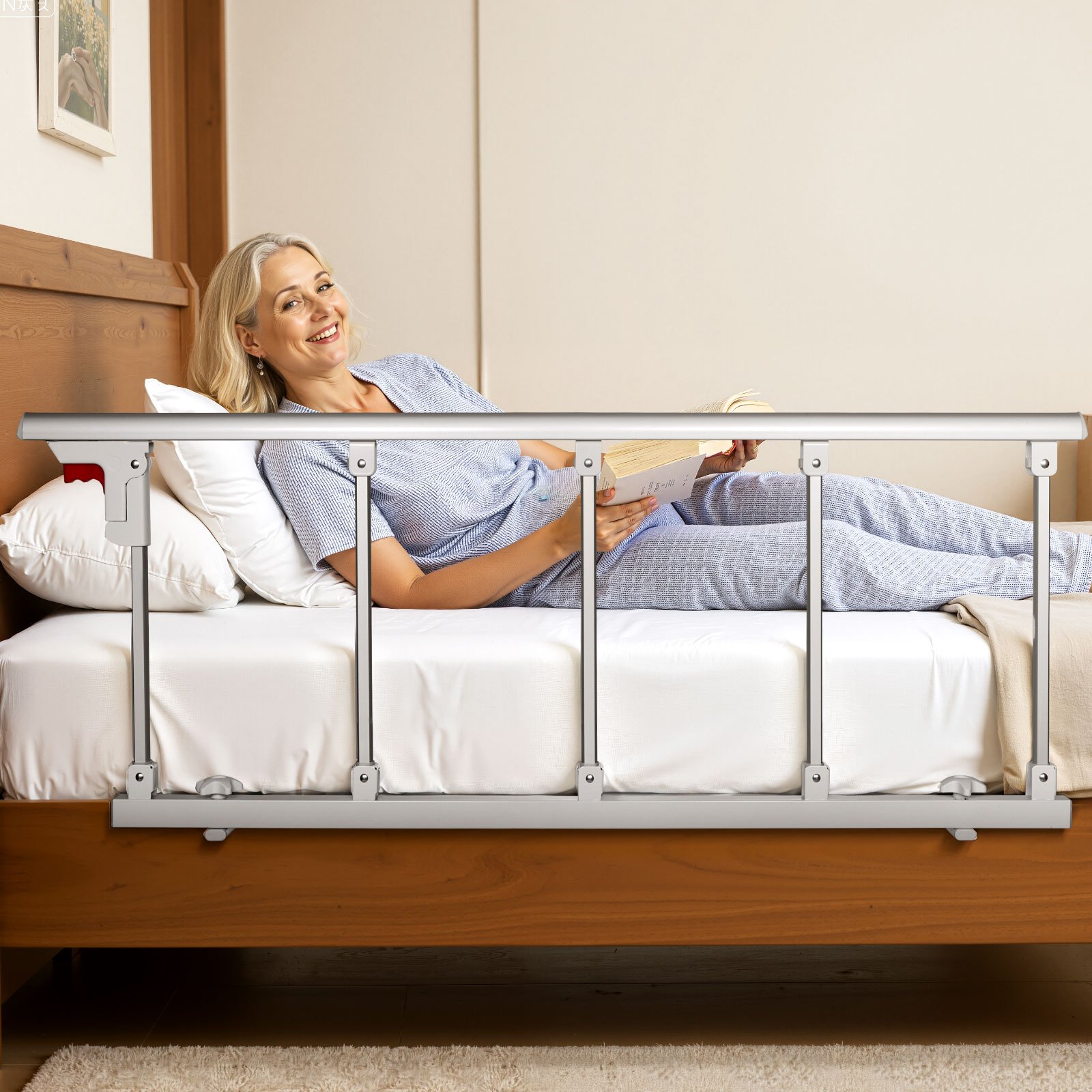 VEVOR Foldable Bed Rail for Elderly, 122 cm Bedside Assist Rail with Fixing Strap, Adjustable Height Pipe Bedside Cane, High-Strength Metal Senior Bed Bar, Hand Guard Grab Fits King, Queen, Full, Twin