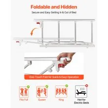 VEVOR Foldable Bed Rail for Elderly, 97 cm Bedside Assist Rail with Fixing Strap, Adjustable Height Pipe Bedside Cane, High-Strength Metal Senior Bed Bar, Hand Guard Grab Fits King, Queen, Full, Twin