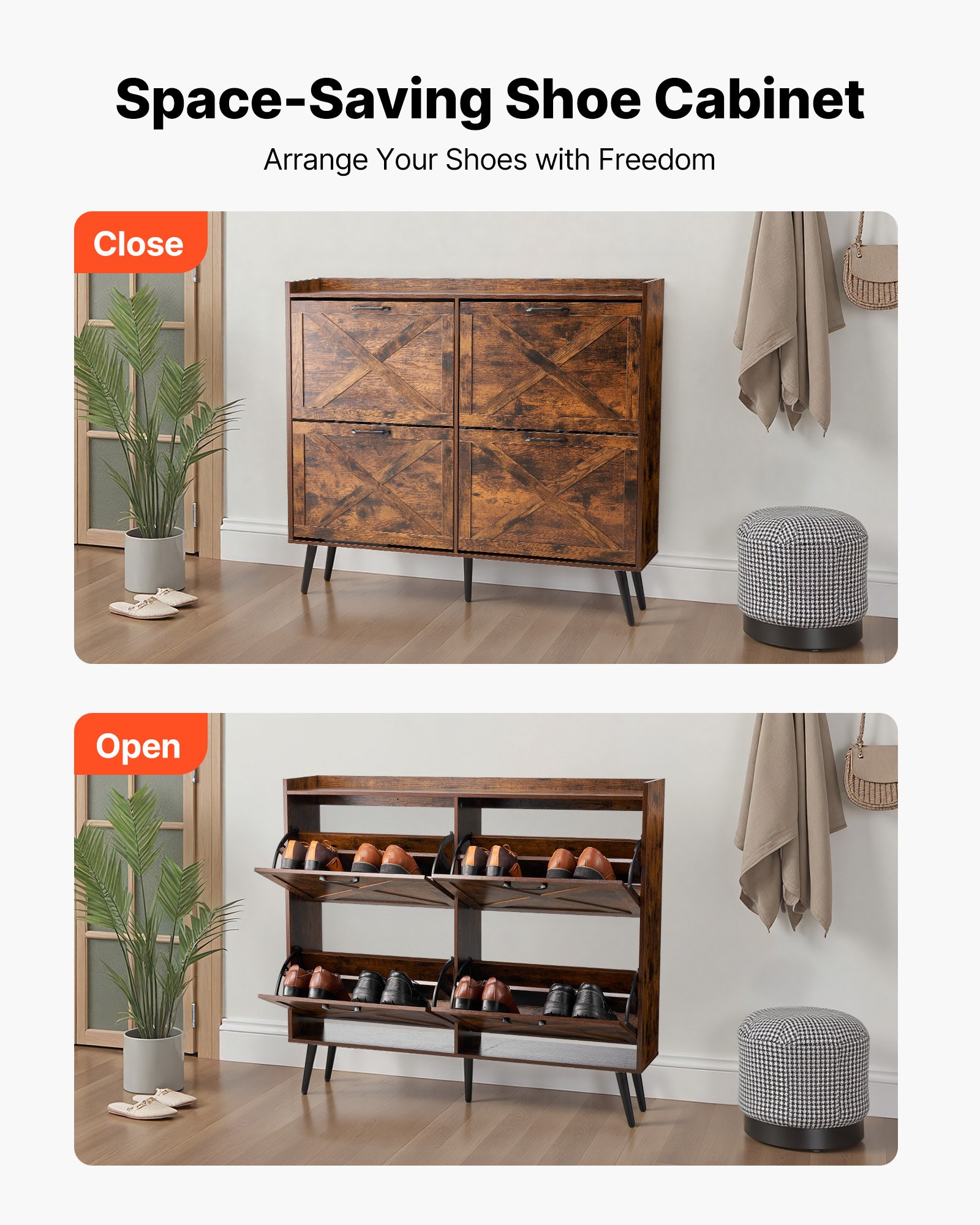 VEVOR Shoe Cabinet with 4 Flip Drawers, Farmhouse Shoes Storage Cabinet with Wood Legs and Anti-Tipping Device, Freestanding Shoe Organizer Ideal for Entryway, Hallway, Bedroom, Living Room, Brown