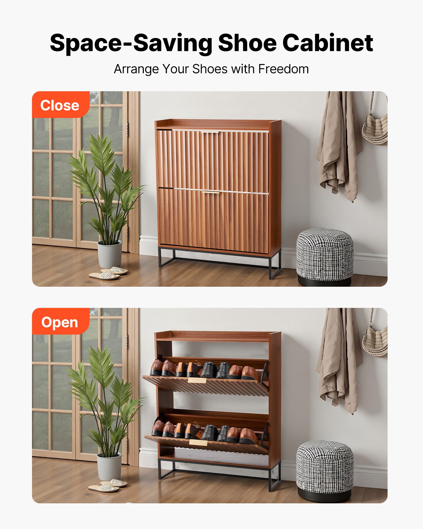 VEVOR Shoe Cabinet with 2 Flip Drawers, Mid-Century Shoes Storage Cabinet with Anti-Tipping Device, Freestanding Fluted Shoe Organizer, Ideal for Entrance, Hallway, Bedroom, Living Room, Walnut
