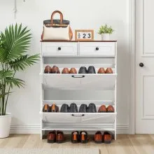 VEVOR Shoe Cabinet with 2 Flip Drawers, Farmhouse Shoes Storage Cabinet with 2 Drawers and Anti-Tipping Device, Freestanding Shoe Organizer Ideal for Entryway, Hallway, Bedroom, Living Room, White