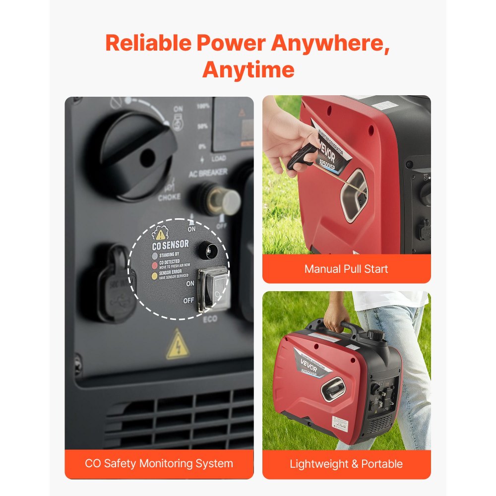 VEVOR Inverter Generator, 3000W Peak Watt Quiet Inverter Generator, Portable Inverters Generators for Home Use, Gas Powered, Compact and Lightweight Design - Stable Power, CO Sensor, Long Run Time