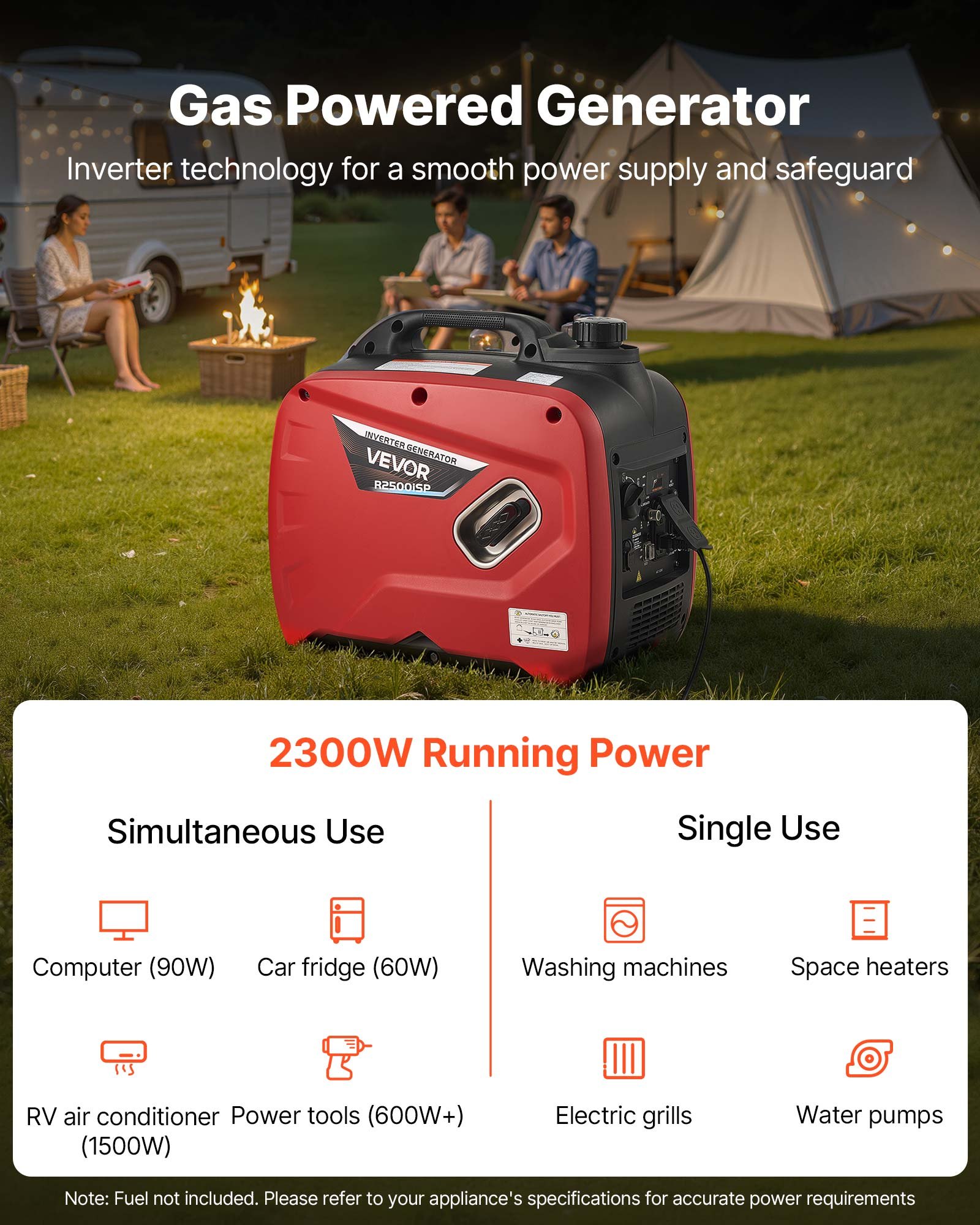 VEVOR Inverter Generator, 3000W Peak Watt Quiet Inverter Generator, Portable Inverters Generators for Home Use, Gas Powered, Compact and Lightweight Design - Stable Power, CO Sensor, Long Run Time