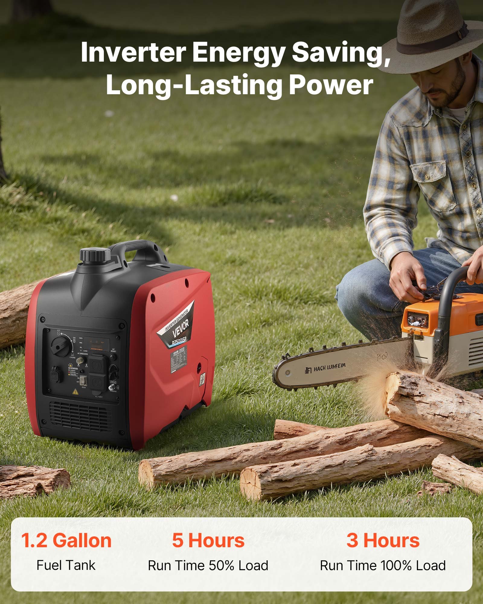 VEVOR Inverter Generator, 3000W Peak Watt Quiet Inverter Generator, Portable Inverters Generators for Home Use, Gas Powered, Compact and Lightweight Design - Stable Power, CO Sensor, Long Run Time