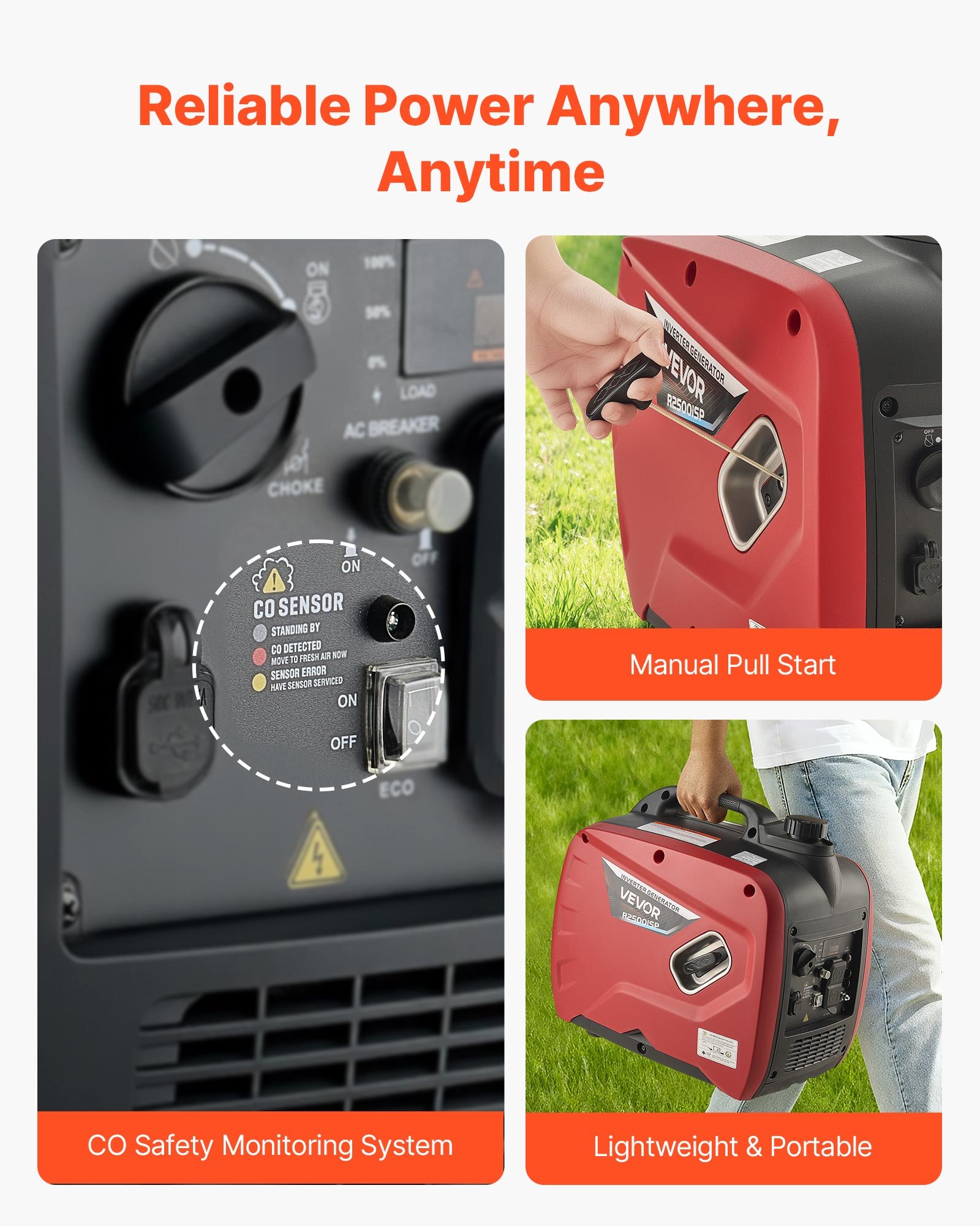 VEVOR Inverter Generator, 3000W Peak Watt Quiet Inverter Generator, Portable Inverters Generators for Home Use, Gas Powered, Compact and Lightweight Design - Stable Power, CO Sensor, Long Run Time