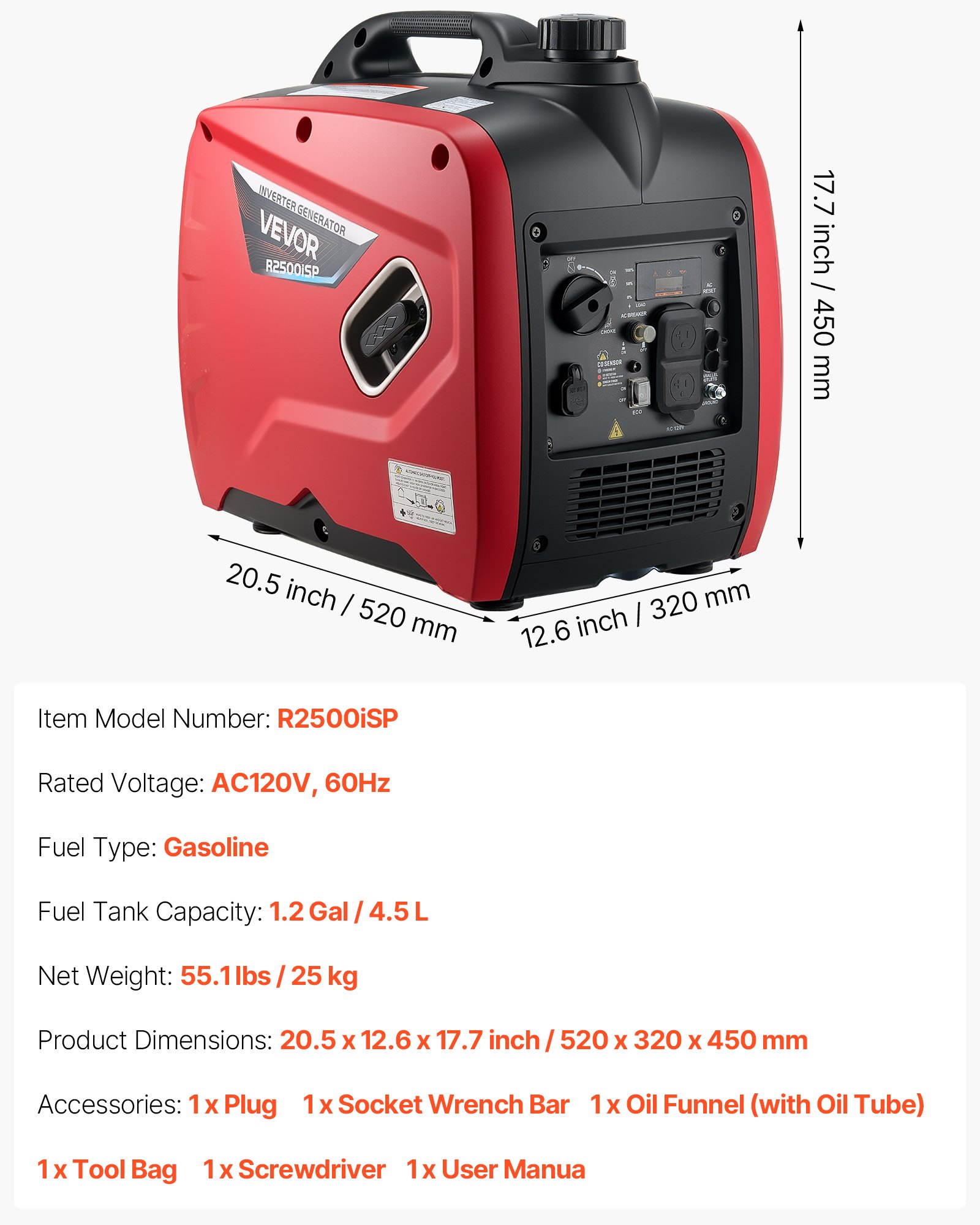 VEVOR Inverter Generator, 3000W Peak Watt Quiet Inverter Generator, Portable Inverters Generators for Home Use, Gas Powered, Compact and Lightweight Design - Stable Power, CO Sensor, Long Run Time