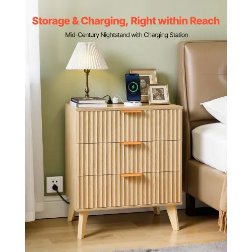 VEVOR Fluted Nightstand with Charging Station, with 3 Drawers, Dresser for  Bedroom, Mid Century Modern End Table, Bedside Storage Cabinet Side Table  Chest of Dresser, for Bedroom, Living Room, Khaki | VEVOR US