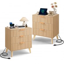 VEVOR Fluted Nightstands with Charging Station, Set of 2, Dresser for Bedroom with 3 Drawers, Mid Century Modern End Table, Bedside Cabinet Side Table Chest of Dresser, for Bedroom, Living Room, Khaki