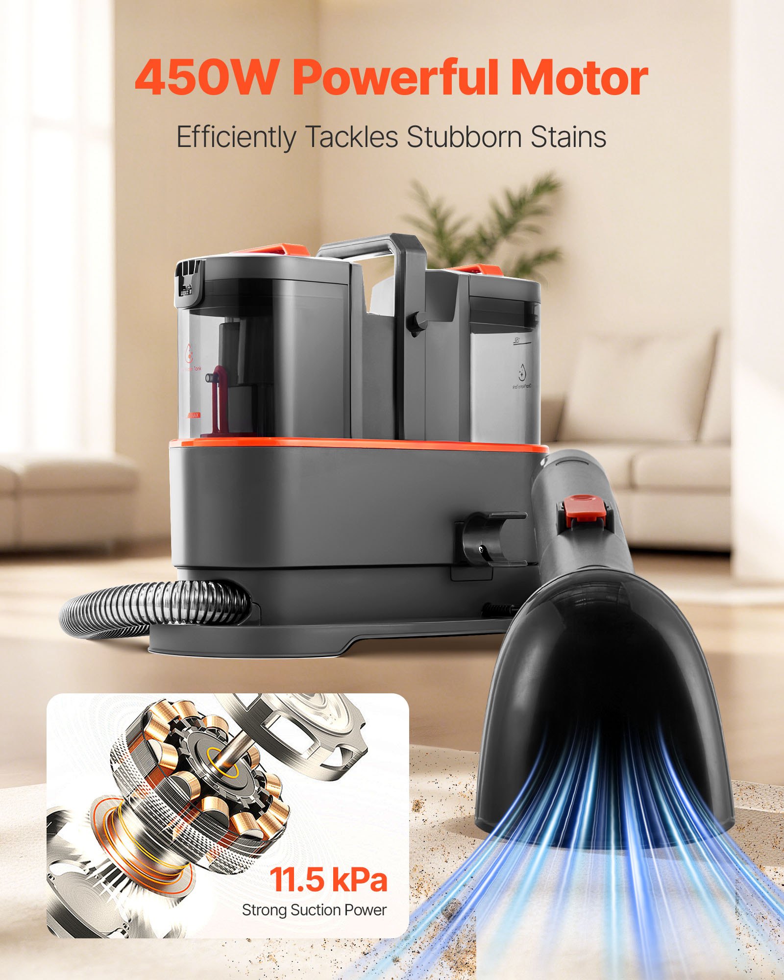 VEVOR Carpet Cleaner Machine, 50.72 oz Clean Water Tank & 27.05 oz Dirty Water Tank, Portable Upholstery Shampooer, 11.5Kpa Handheld Furniture Extractor, Spot and Stain Deep Cleaner for Rug Couch Car