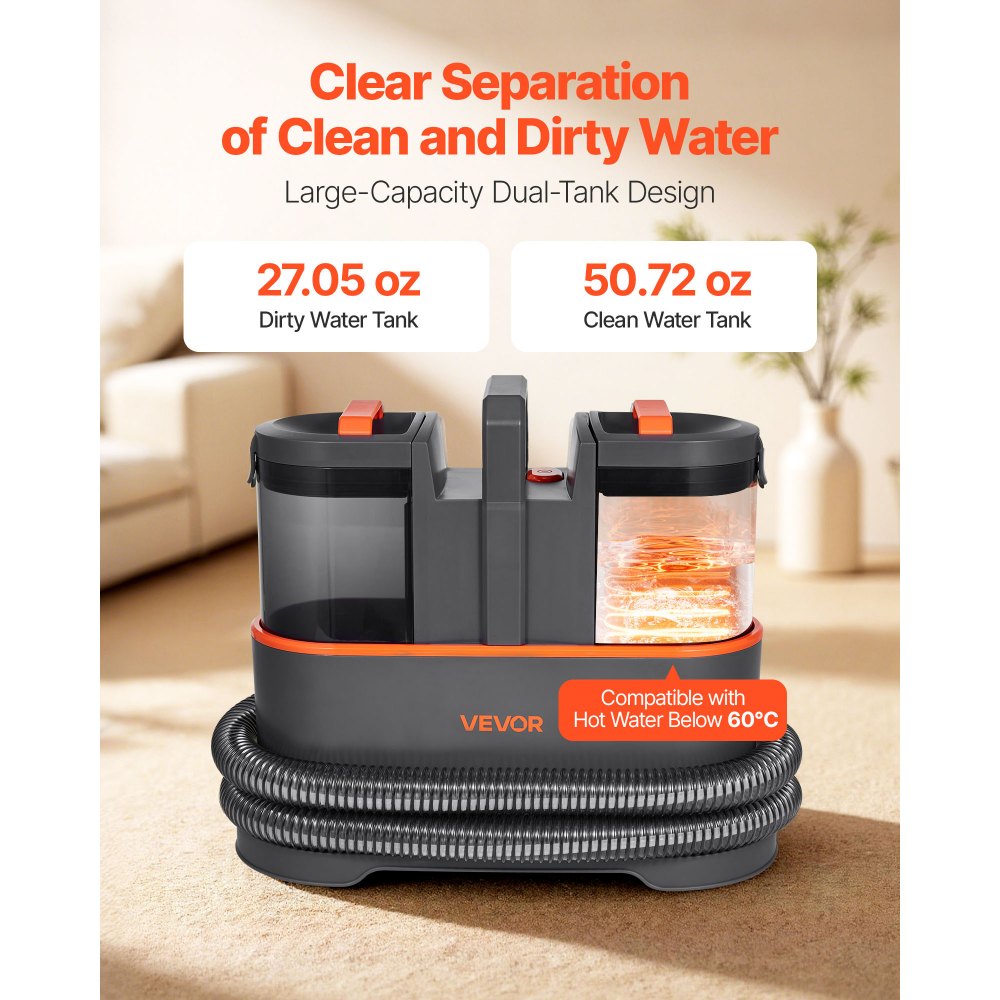 VEVOR Carpet Cleaner Machine, 1.5 L Clean Water Tank & 0.8 L Dirty Water Tank, Portable Upholstery Shampooer, 11.5Kpa Handheld Furniture Extractor, Spot and Stain Deep Cleaner for Rug, Couch, Car