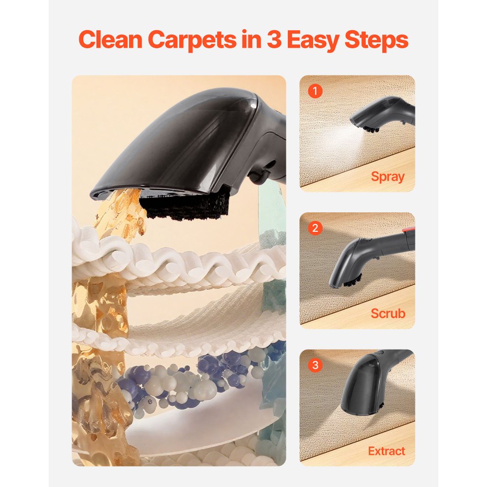VEVOR Carpet Cleaner Machine, 1.5 L Clean Water Tank & 0.8 L Dirty Water Tank, Portable Upholstery Shampooer, 11.5Kpa Handheld Furniture Extractor, Spot and Stain Deep Cleaner for Rug, Couch, Car