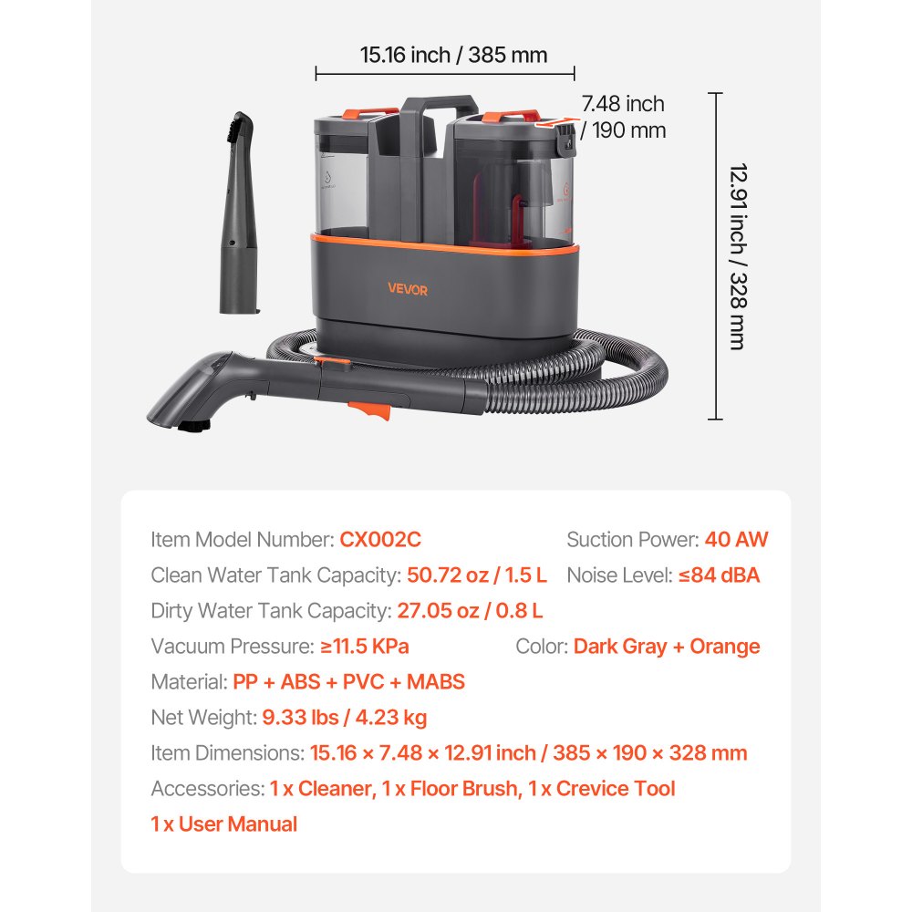 VEVOR Carpet Cleaner Machine, 1.5 L Clean Water Tank & 0.8 L Dirty Water Tank, Portable Upholstery Shampooer, 11.5Kpa Handheld Furniture Extractor, Spot and Stain Deep Cleaner for Rug, Couch, Car