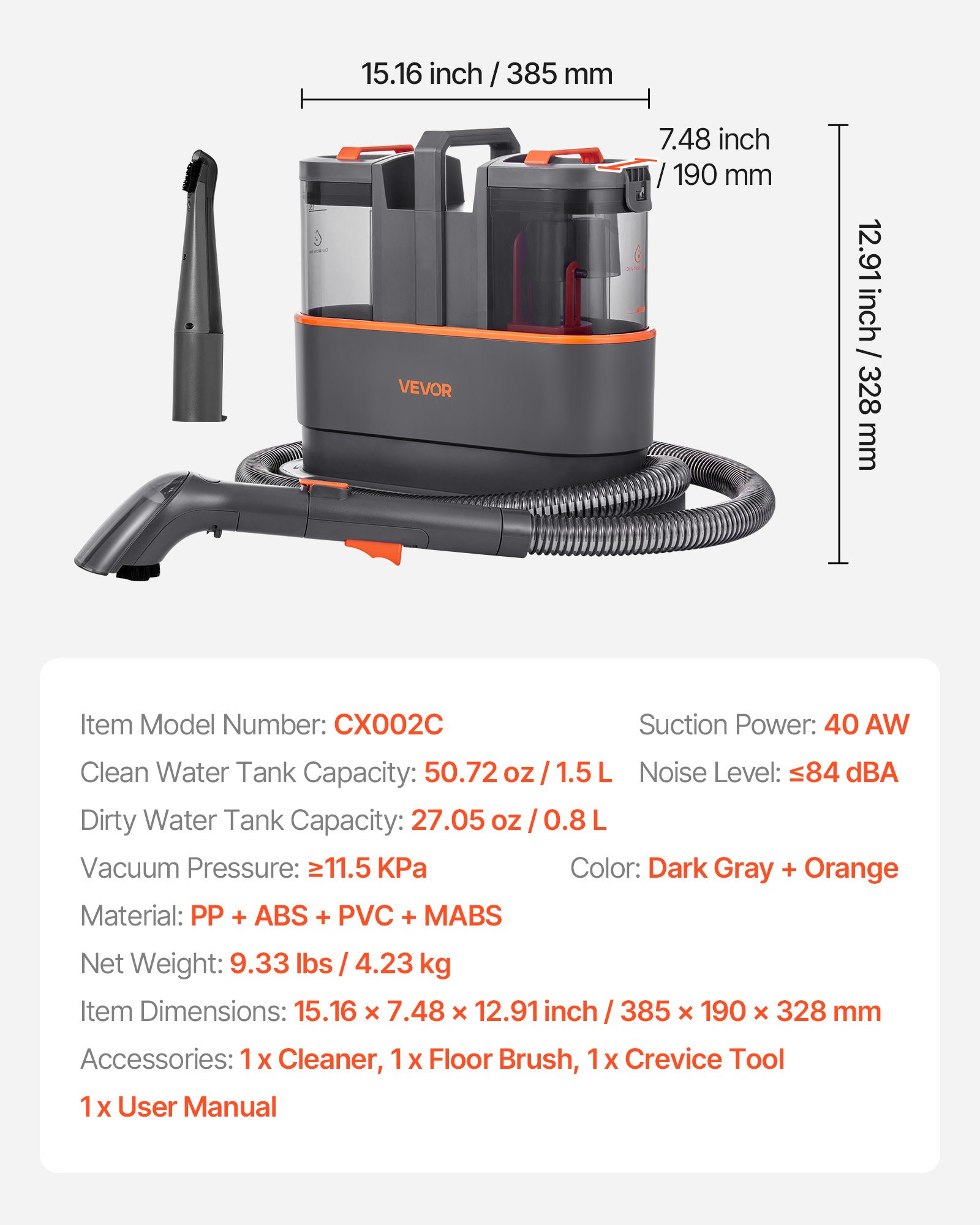 VEVOR Carpet Cleaner Machine, 1.5 L Clean Water Tank & 0.8 L Dirty Water Tank, Portable Upholstery Shampooer, 11.5Kpa Handheld Furniture Extractor, Spot and Stain Deep Cleaner for Rug, Couch, Car