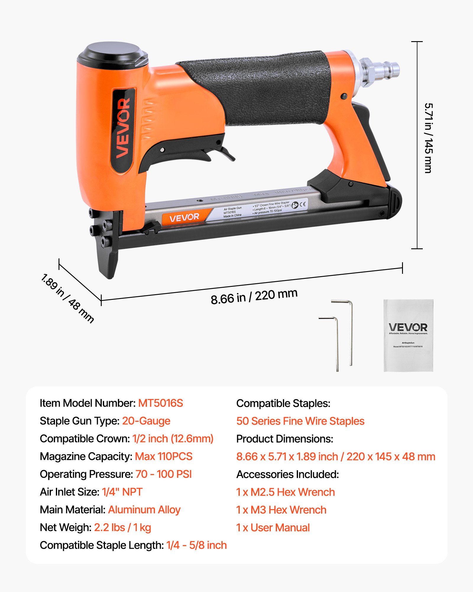 VEVOR Pneumatic Staple Gun, 20 Gauge Air Upholstery Stapler for 50 Series Fine Wire Staples 12.8mm Crown 6mm-16mm Length, Max 110PCS Loading Air Staple Gun for Upholstering, Woodworking, DIY Projects
