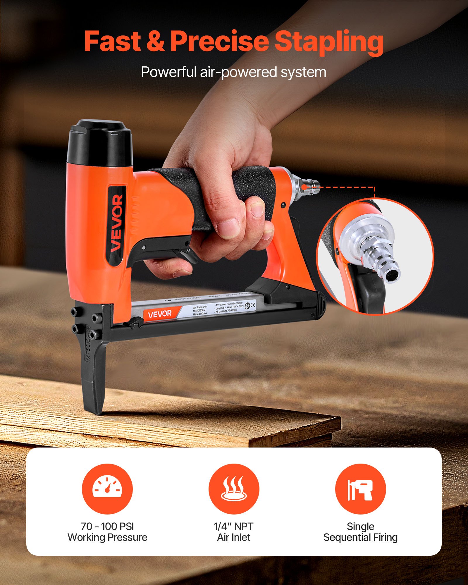 VEVOR Pneumatic Staple Gun, 20 Gauge Long-Nose Upholstery Stapler for 50 Series Fine Wire Staples 12.8mm Crown 6mm-16mm Length, Max 110PCS Loading Air Staple Gun for Upholstering, Woodworking, DIY