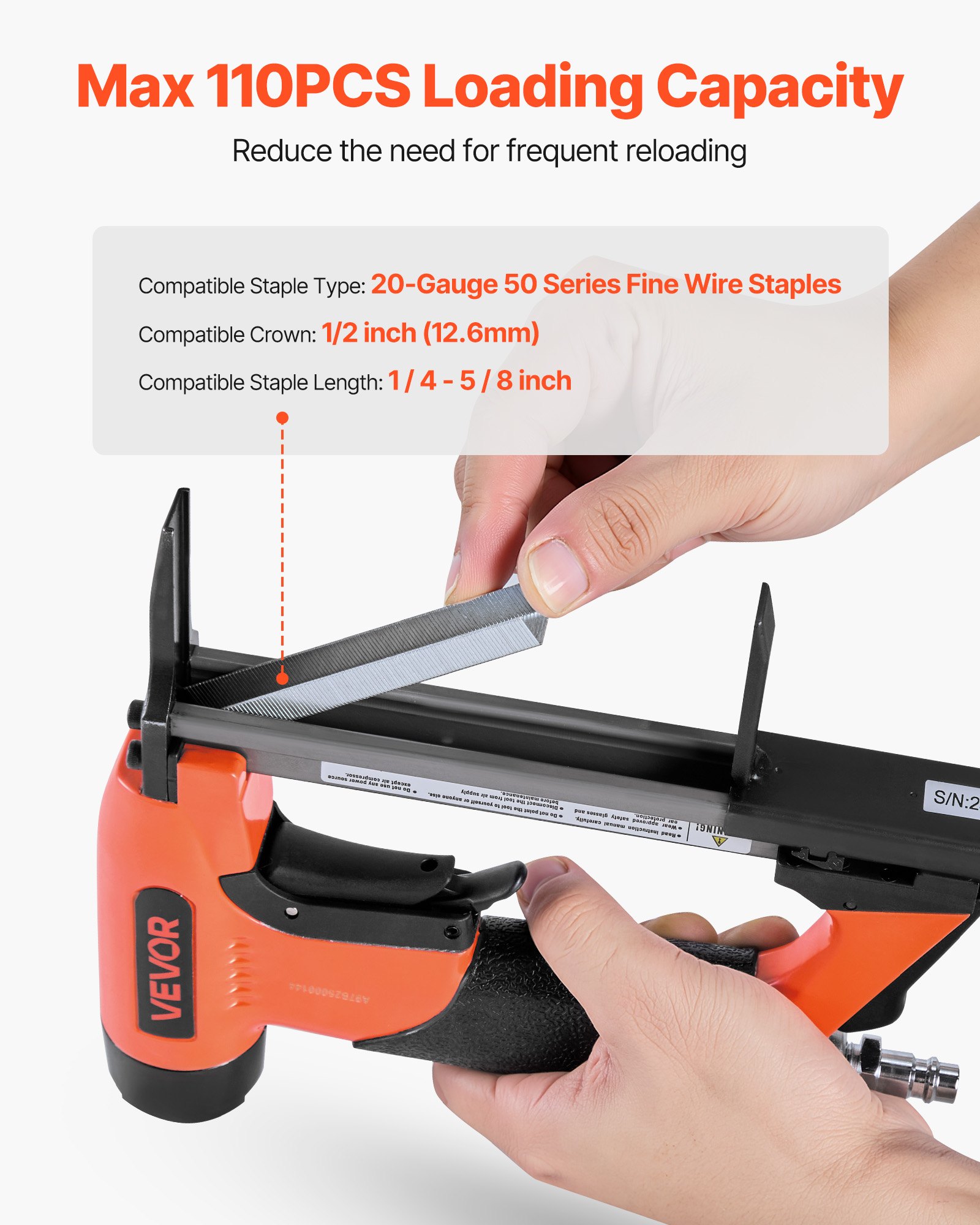 VEVOR Pneumatic Staple Gun, 20 Gauge Long-Nose Upholstery Stapler for 50 Series Fine Wire Staples 12.8mm Crown 6mm-16mm Length, Max 110PCS Loading Air Staple Gun for Upholstering, Woodworking, DIY