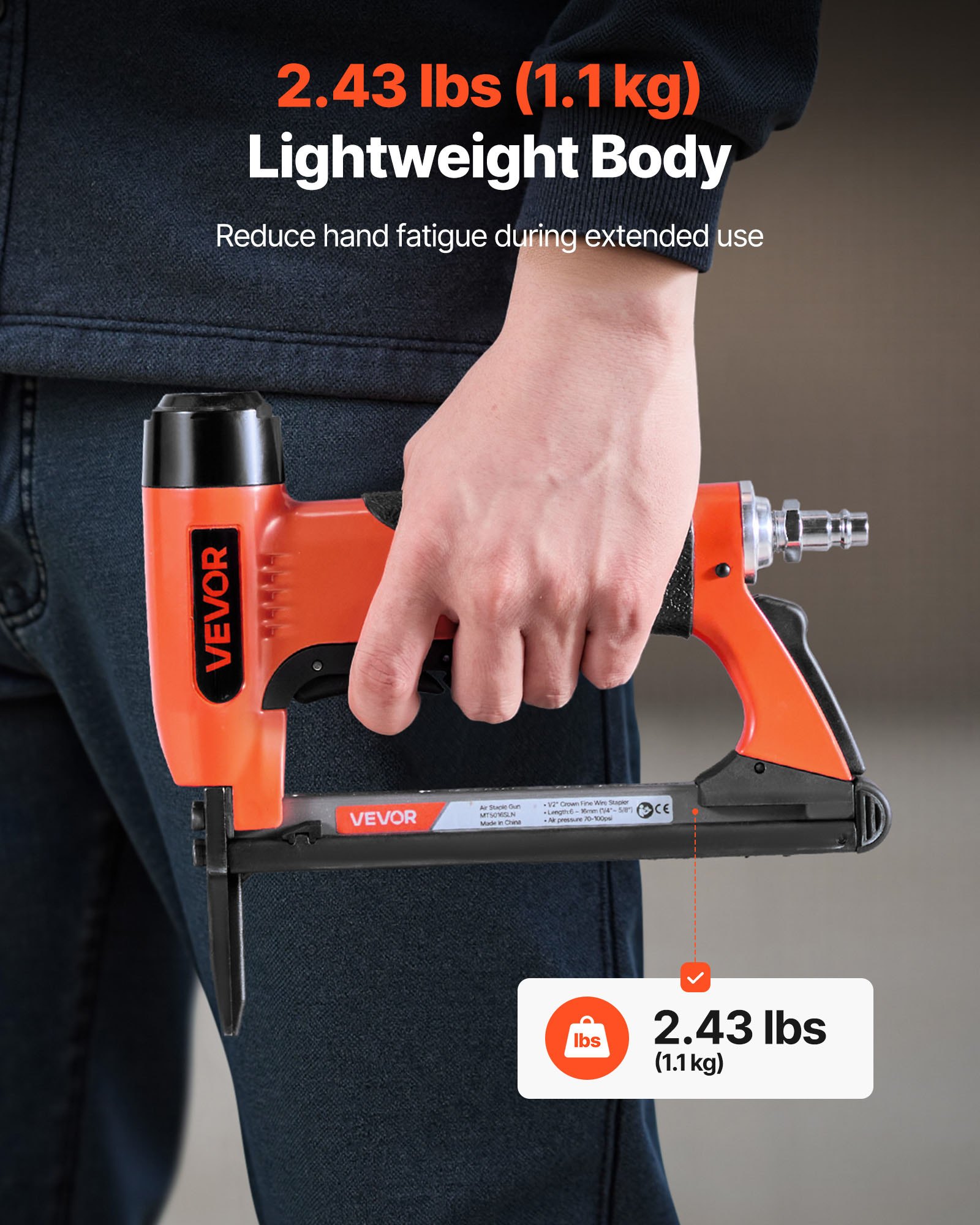 VEVOR Pneumatic Staple Gun, 20 Gauge Long-Nose Upholstery Stapler for 50 Series Fine Wire Staples 12.8mm Crown 6mm-16mm Length, Max 110PCS Loading Air Staple Gun for Upholstering, Woodworking, DIY