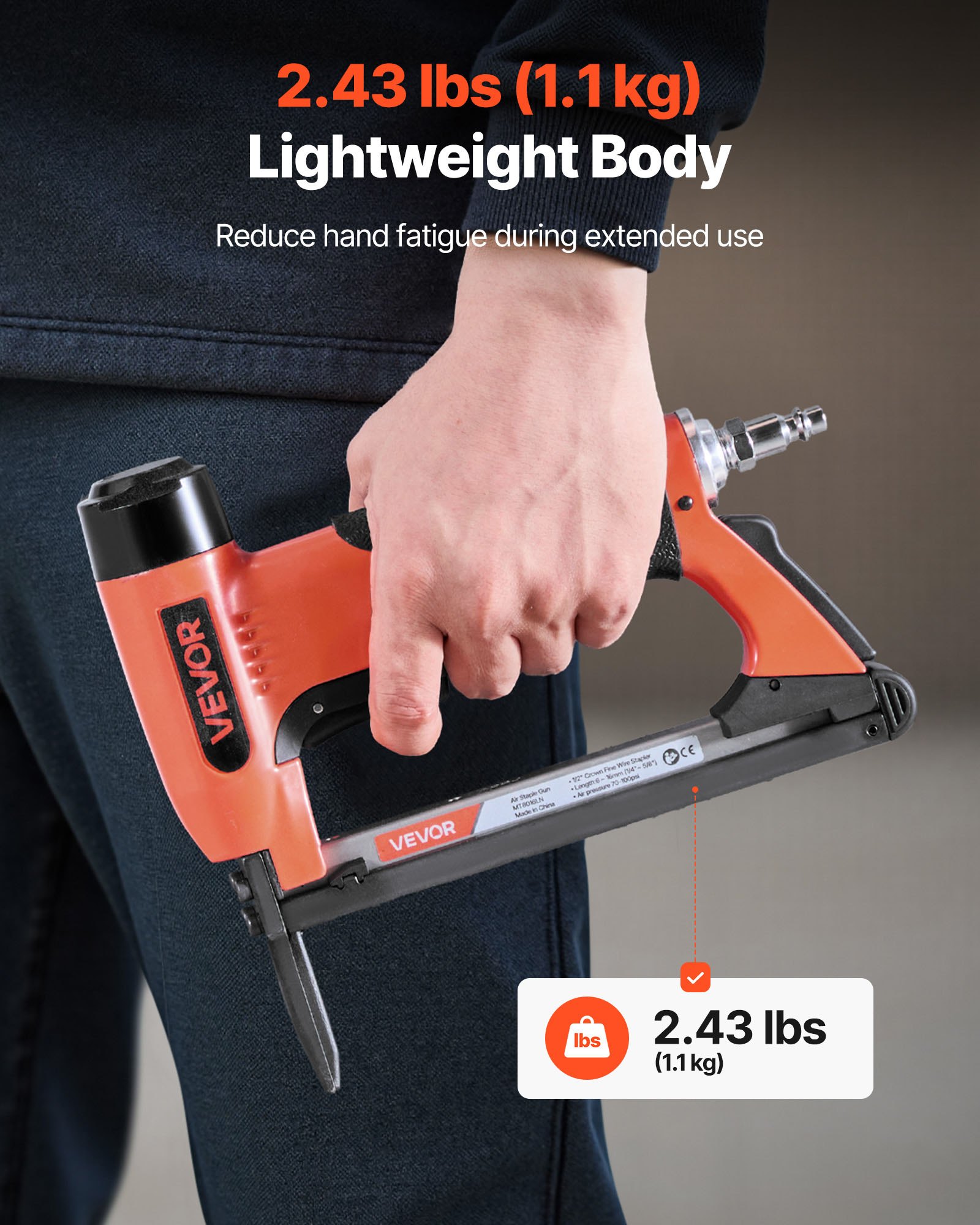 VEVOR Pneumatic Staple Gun, 21 Gauge Long-Nose Upholstery Stapler for 80 Series Fine Wire Staples 12.8mm Crown 6mm-16mm Length, Max 150PCS Loading Air Staple Gun for Upholstering, Woodworking, DIY