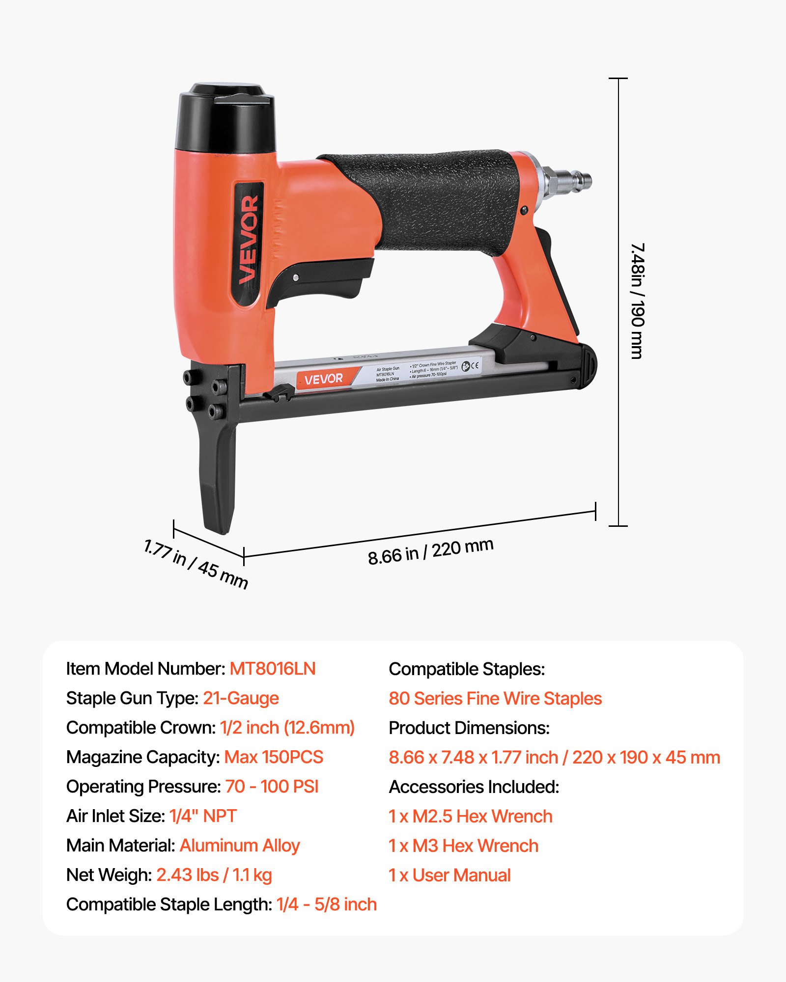 VEVOR Pneumatic Staple Gun, 21 Gauge Long-Nose Upholstery Stapler for 80 Series Fine Wire Staples 12.8mm Crown 6mm-16mm Length, Max 150PCS Loading Air Staple Gun for Upholstering, Woodworking, DIY