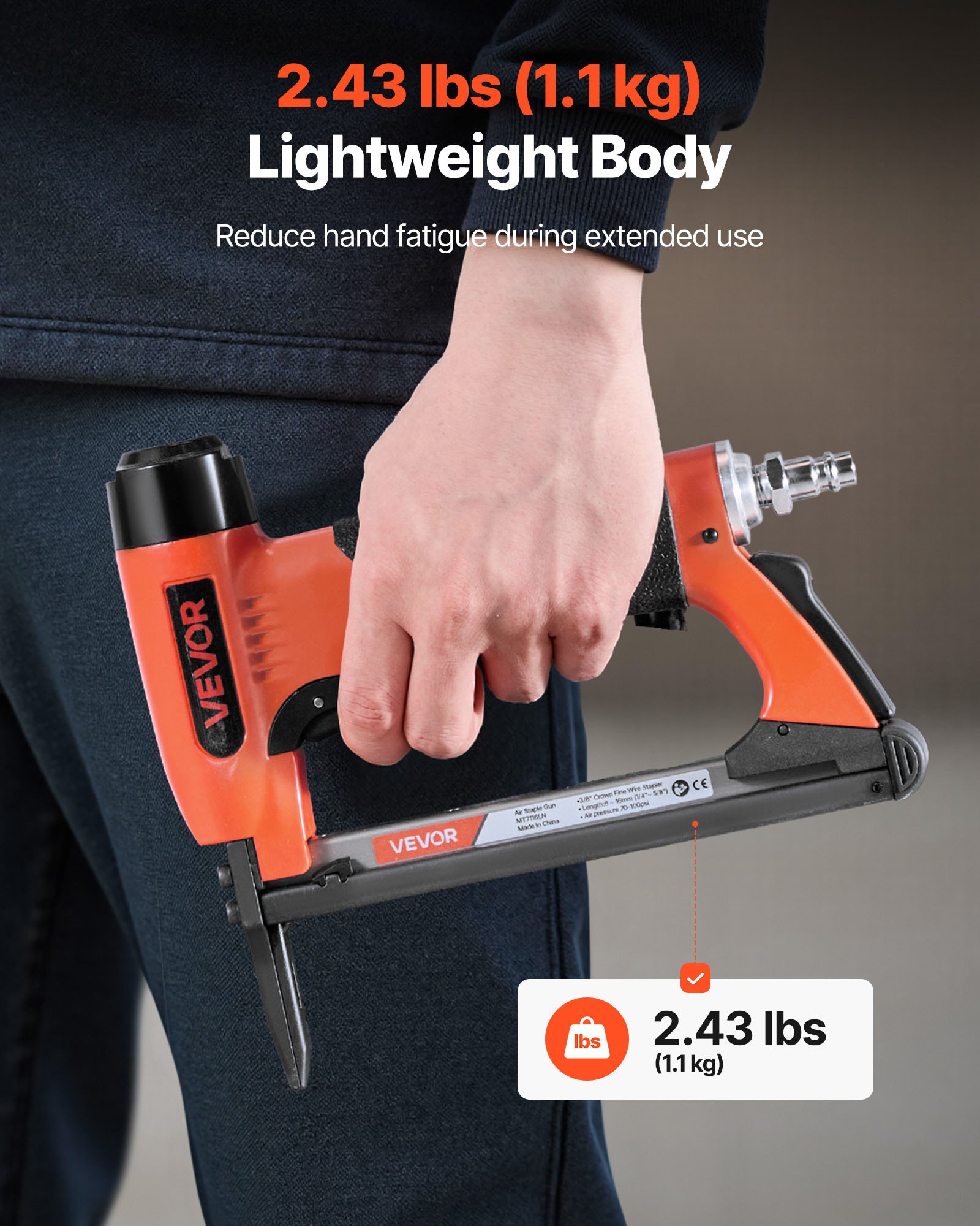 VEVOR Pneumatic Staple Gun, 22 Gauge Long-Nose Upholstery Stapler for 71 Series Fine Wire Staples 9.5mm Crown 6mm-16mm Length, Max 180PCS Loading Air Staple Gun for Upholstering, Woodworking, DIY