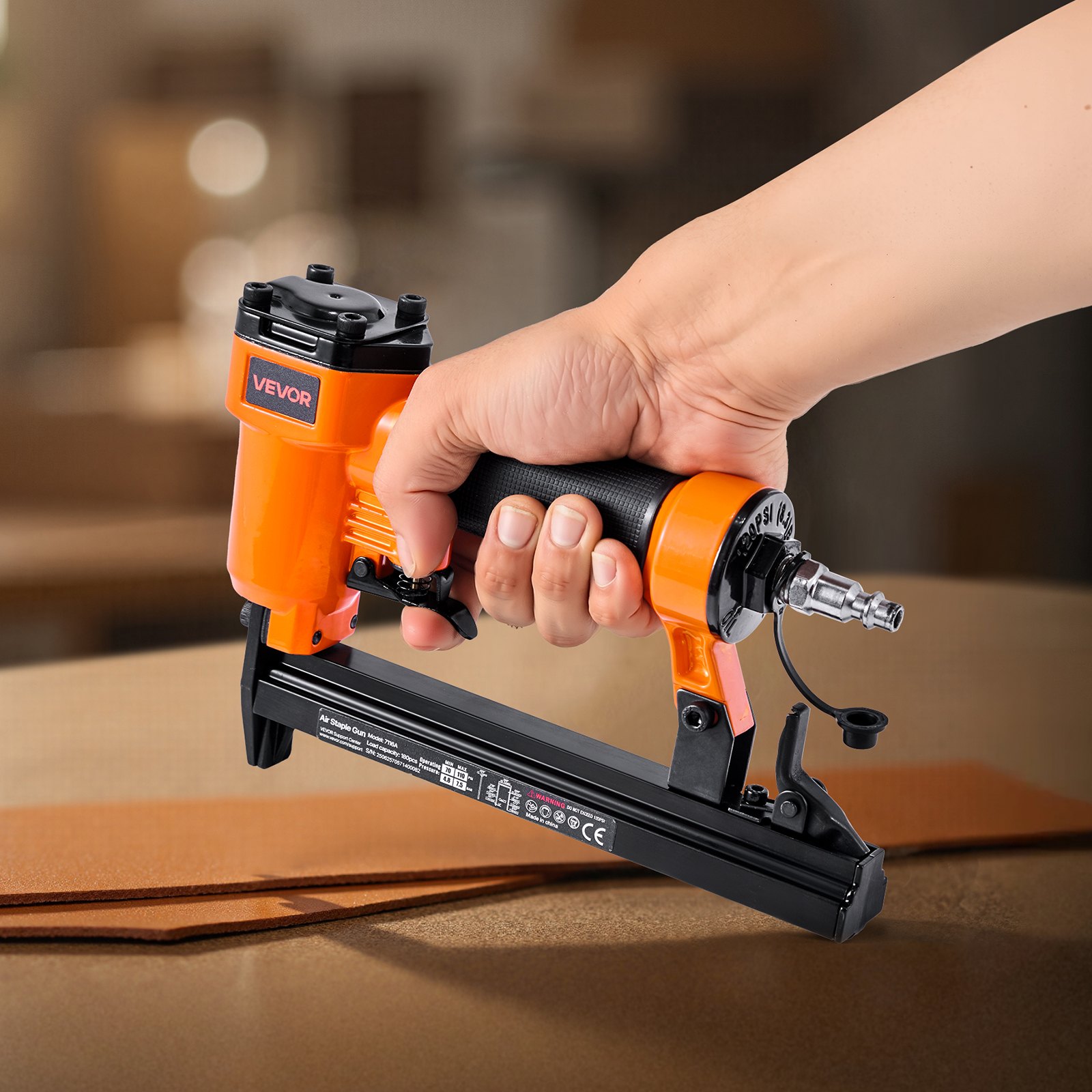 VEVOR Pneumatic Staple Gun, 22 Gauge Pneumatic Upholstery Stapler for 71 Series Fine Wire Staples 9.1mm Crown 4mm-16mm Length, 70-110 PSI Air Staple Gun for Woodworking, Upholstering, DIY Project