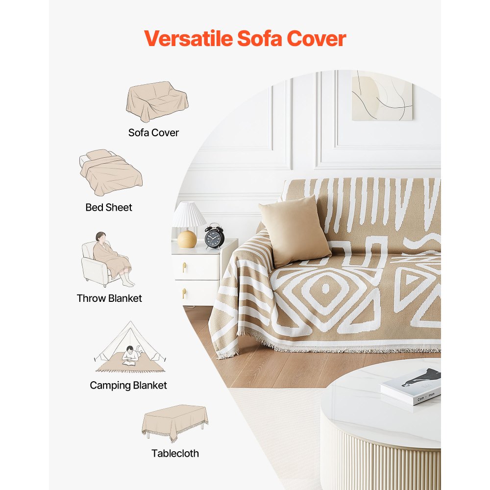 VEVOR Couch Cover, 117.72 x 71.26 Inch Boho Sofa Covers, Anti-Slip Chenille Cushion Protector for Sectional Sofa, Washable and Scratch-Resistant Love Seat Slipcover for Cat / Dog Sofa Protector, Khaki