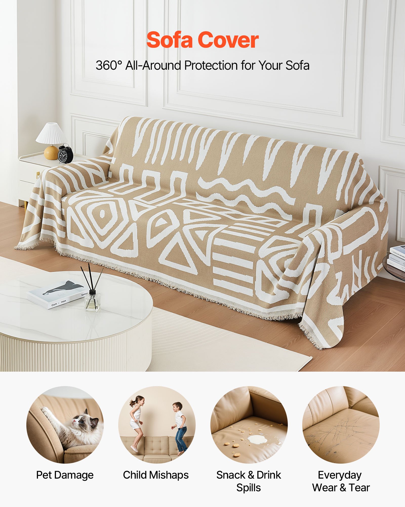VEVOR Couch Cover, 117.72 x 71.26 Inch Boho Sofa Covers, Anti-Slip Chenille Cushion Protector for Sectional Sofa, Washable and Scratch-Resistant Love Seat Slipcover for Cat / Dog Sofa Protector, Khaki