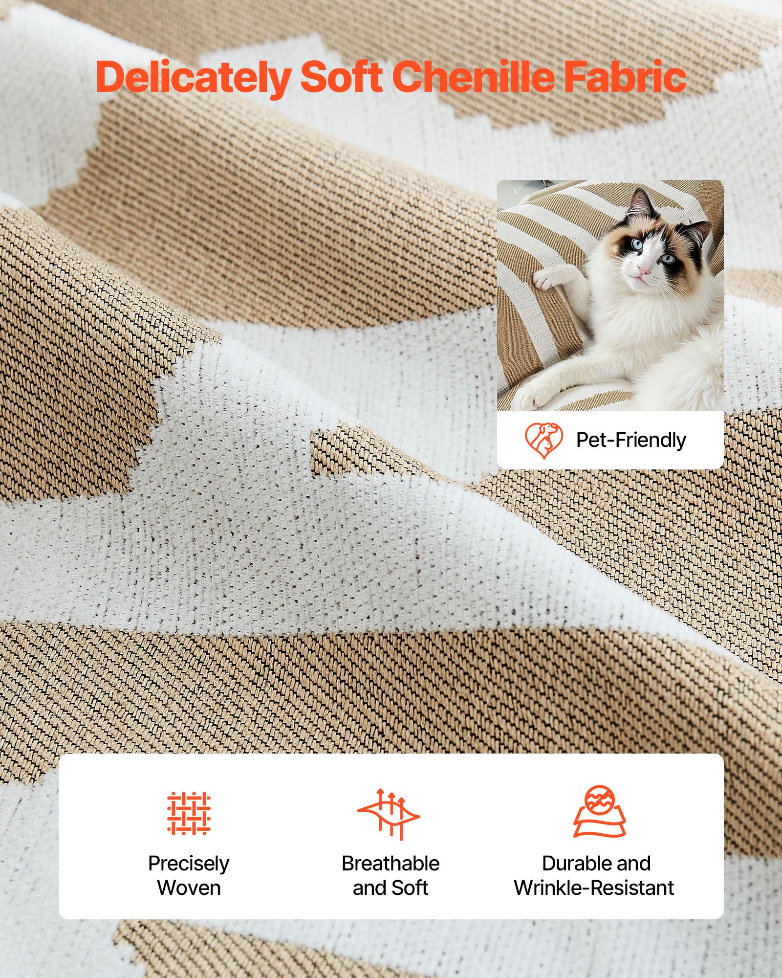 VEVOR Couch Cover, 117.72 x 71.26 Inch Boho Sofa Covers, Anti-Slip Chenille Cushion Protector for Sectional Sofa, Washable and Scratch-Resistant Love Seat Slipcover for Cat / Dog Sofa Protector, Khaki