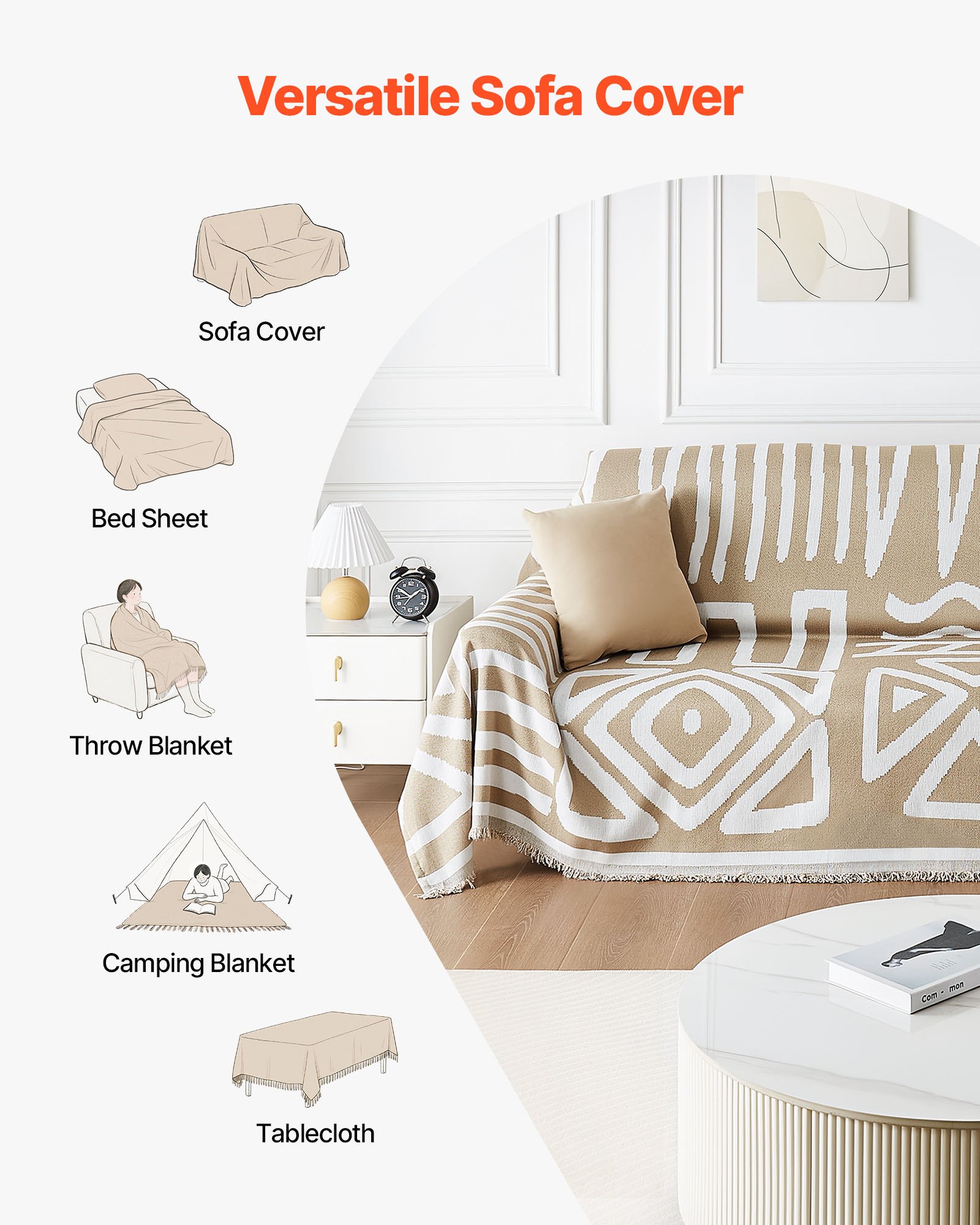 VEVOR Couch Cover, 117.72 x 71.26 Inch Boho Sofa Covers, Anti-Slip Chenille Cushion Protector for Sectional Sofa, Washable and Scratch-Resistant Love Seat Slipcover for Cat / Dog Sofa Protector, Khaki