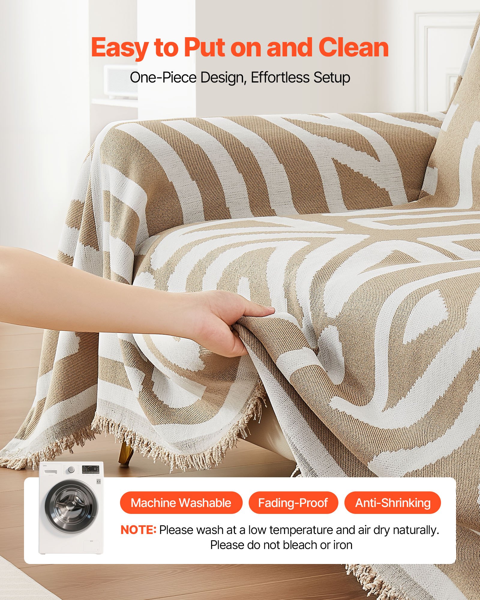 VEVOR Couch Cover, 117.72 x 71.26 Inch Boho Sofa Covers, Anti-Slip Chenille Cushion Protector for Sectional Sofa, Washable and Scratch-Resistant Love Seat Slipcover for Cat / Dog Sofa Protector, Khaki