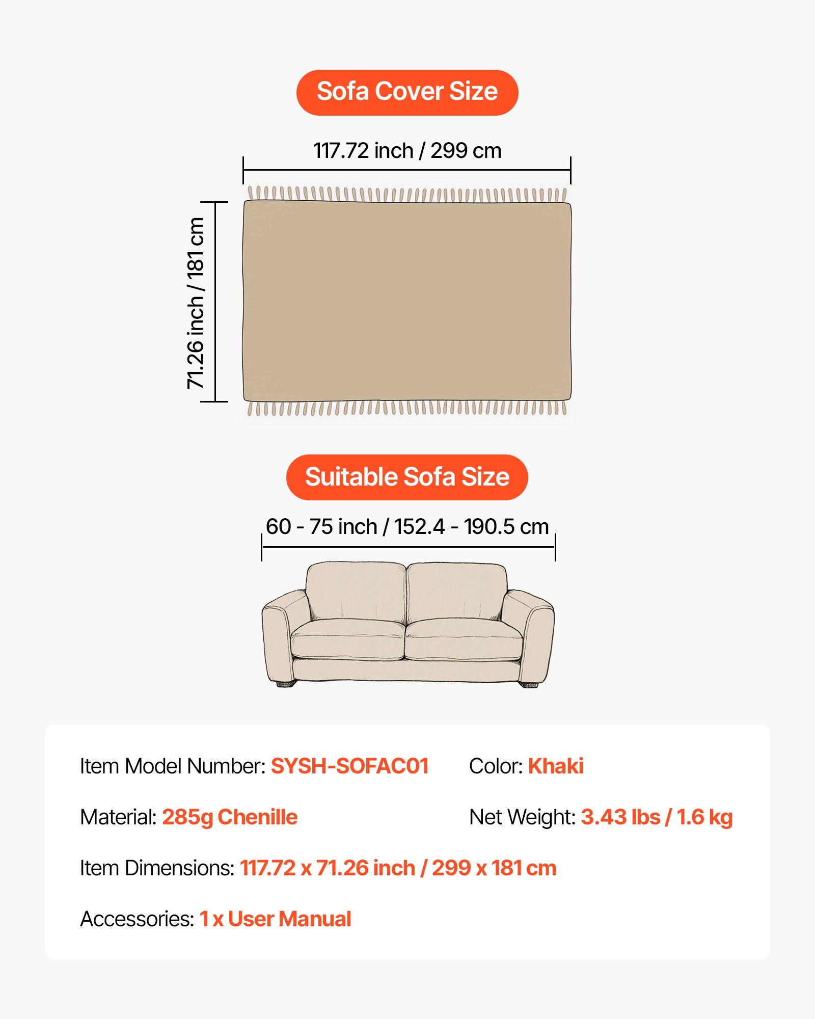 VEVOR Couch Cover, 117.72 x 71.26 Inch Boho Sofa Covers, Anti-Slip Chenille Cushion Protector for Sectional Sofa, Washable and Scratch-Resistant Love Seat Slipcover for Cat / Dog Sofa Protector, Khaki